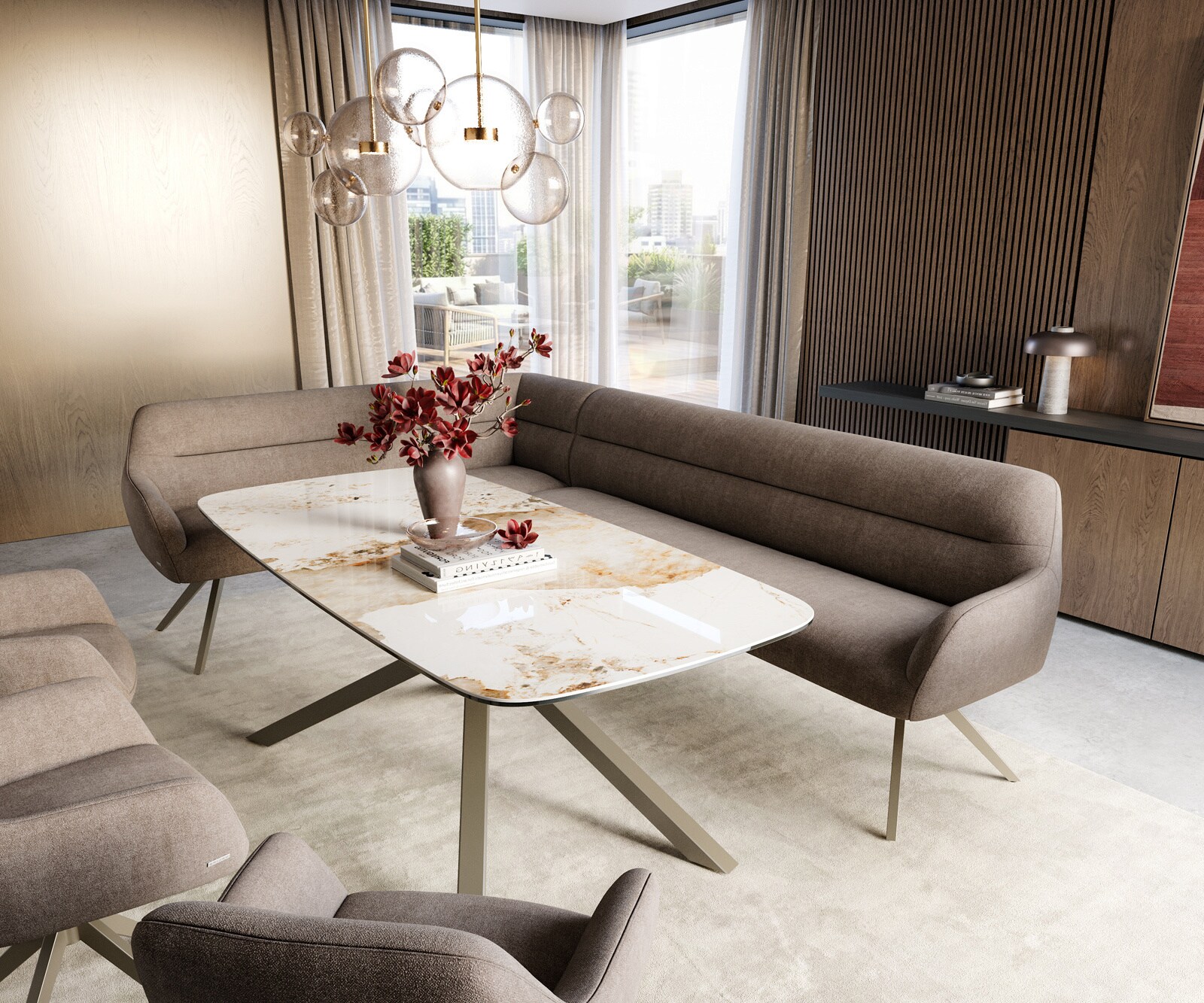 Banc-de-salle-à-manger Taya-Flex 285x190 cm tissu structuré doux taupe pied croisé angulaire titane ressort ensaché à droite