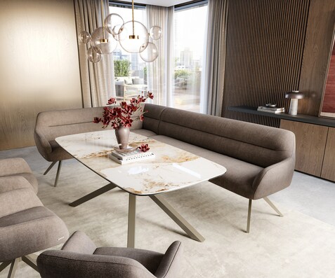 Banc-de-salle-à-manger Taya-Flex 285x190 cm tissu structuré doux taupe pied croisé angulaire titane ressort ensaché liens