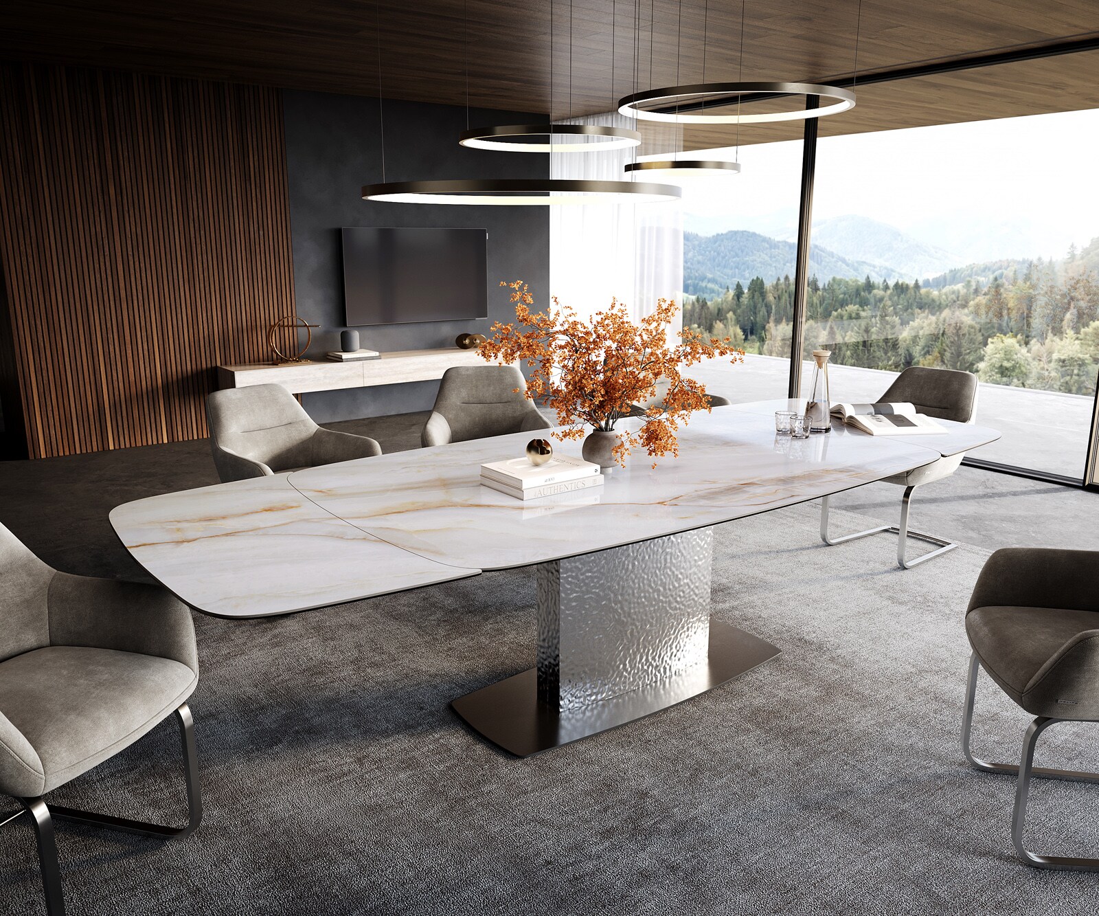 Table à manger Edge forme bateau 200-300x120 cm céramique Onyx Pearl Wave inox extensible 1