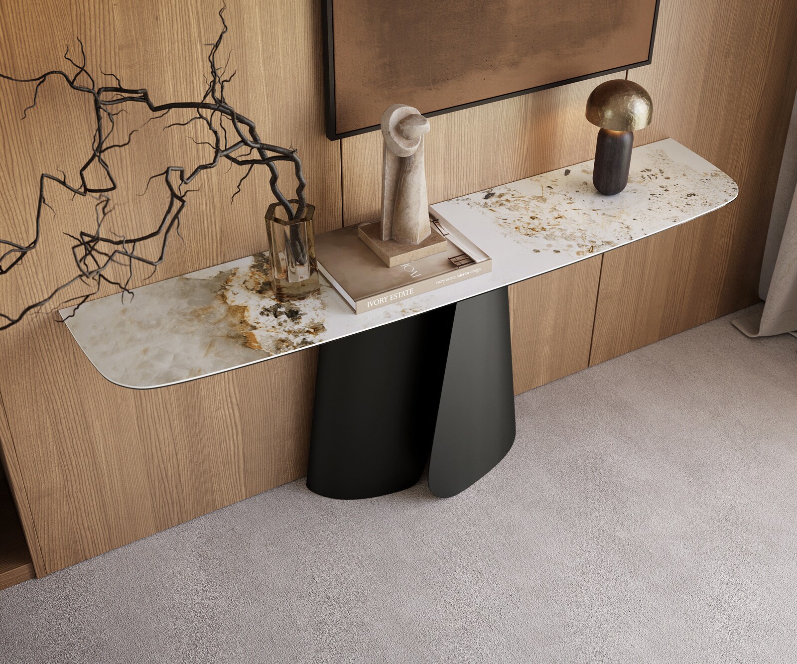 Console Edge forme bateau 180x40 cm Céramique Minas Melange Weiß-Beige Livos Métal Noir 1