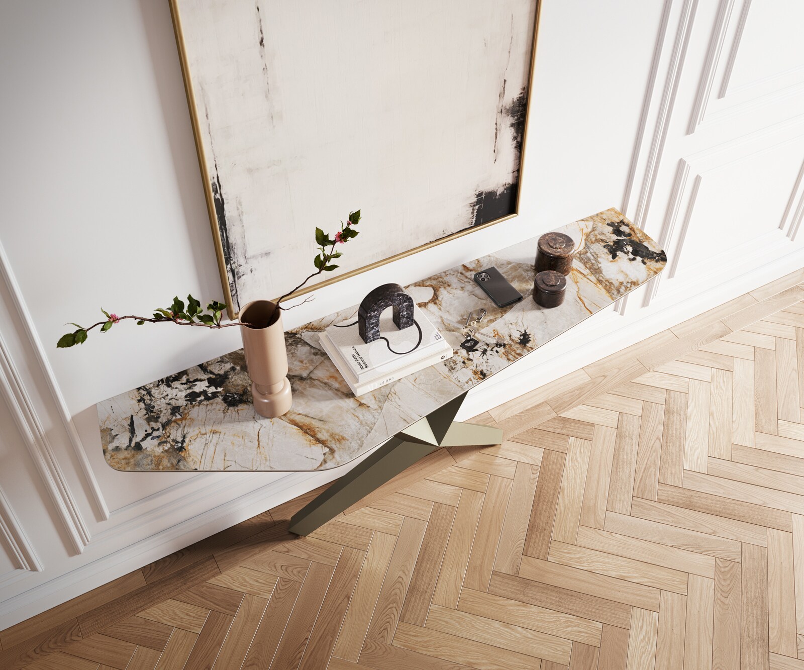 Console Edge Polygonal 180x50 cm Céramique Patagonia Poliert Zentharo Métal Effektfinish Titan 2
