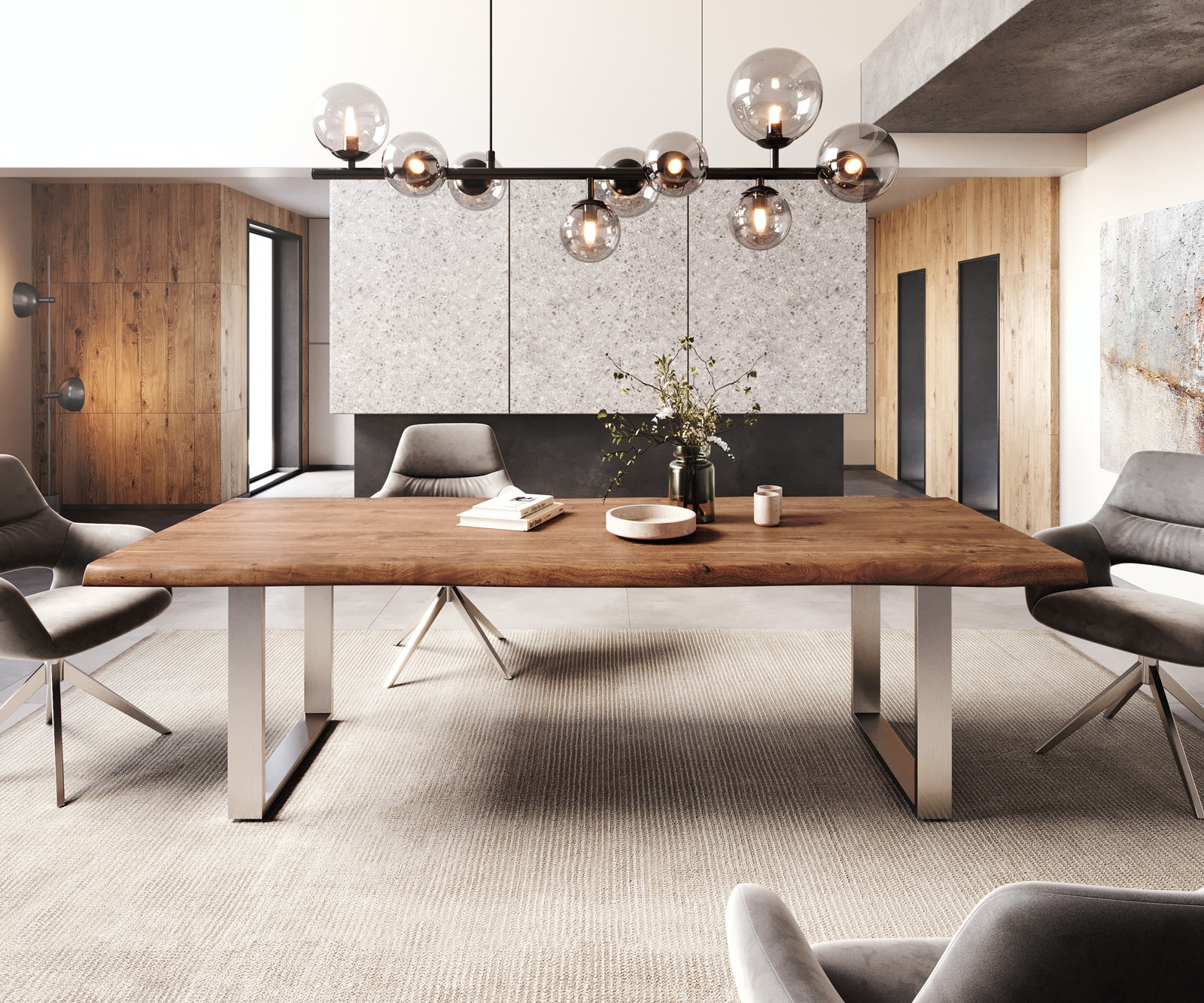 Table-à-manger Edge 260x100 XL acacia marron acier inoxydable mince Live-Edge 1 Table-à-manger Edge 260x100 XL acacia marron acier inoxydable mince Live-Edge 1