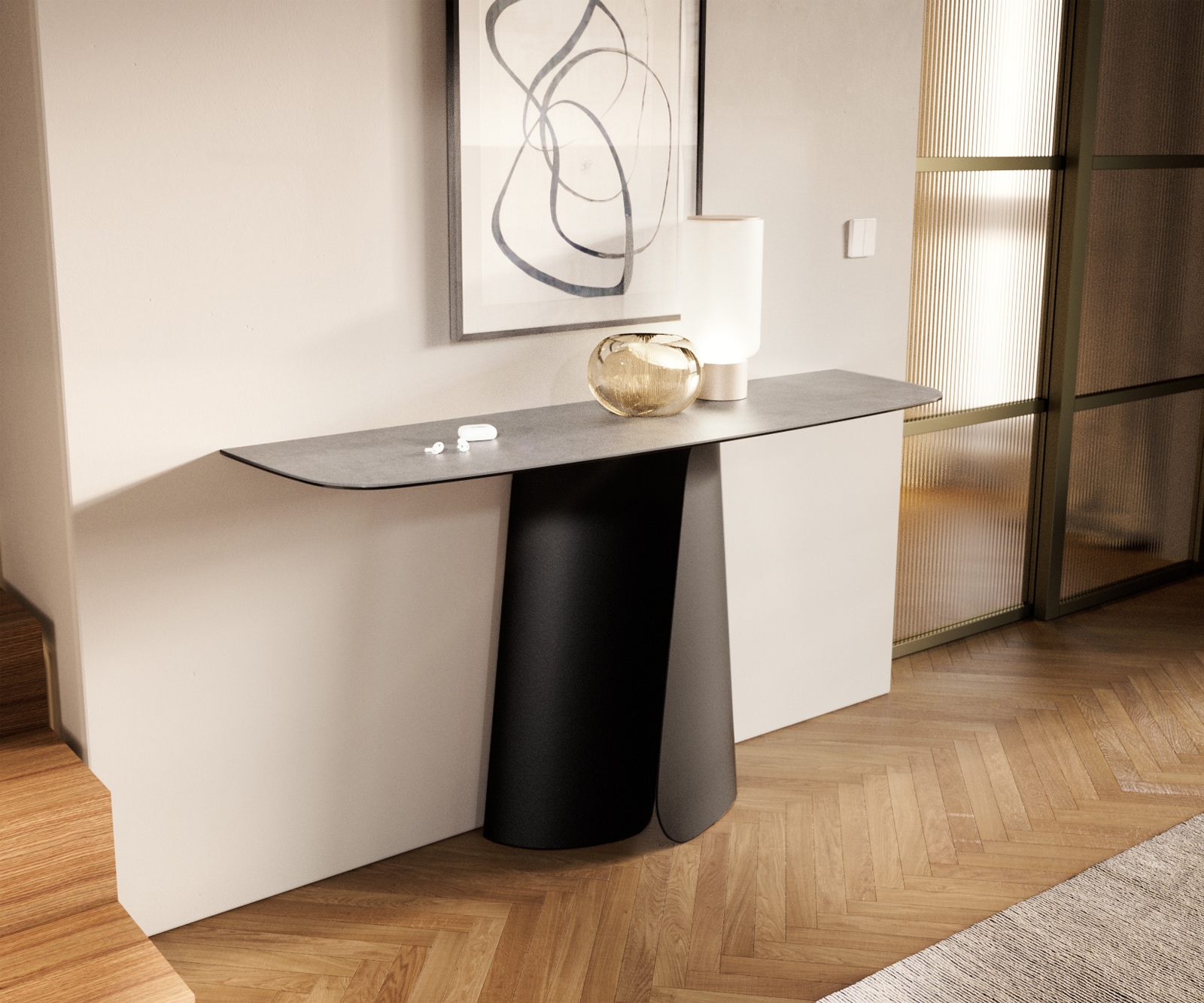 Console Edge forme bateau 140x40 cm Céramique Gris béton Livos Métal Noir