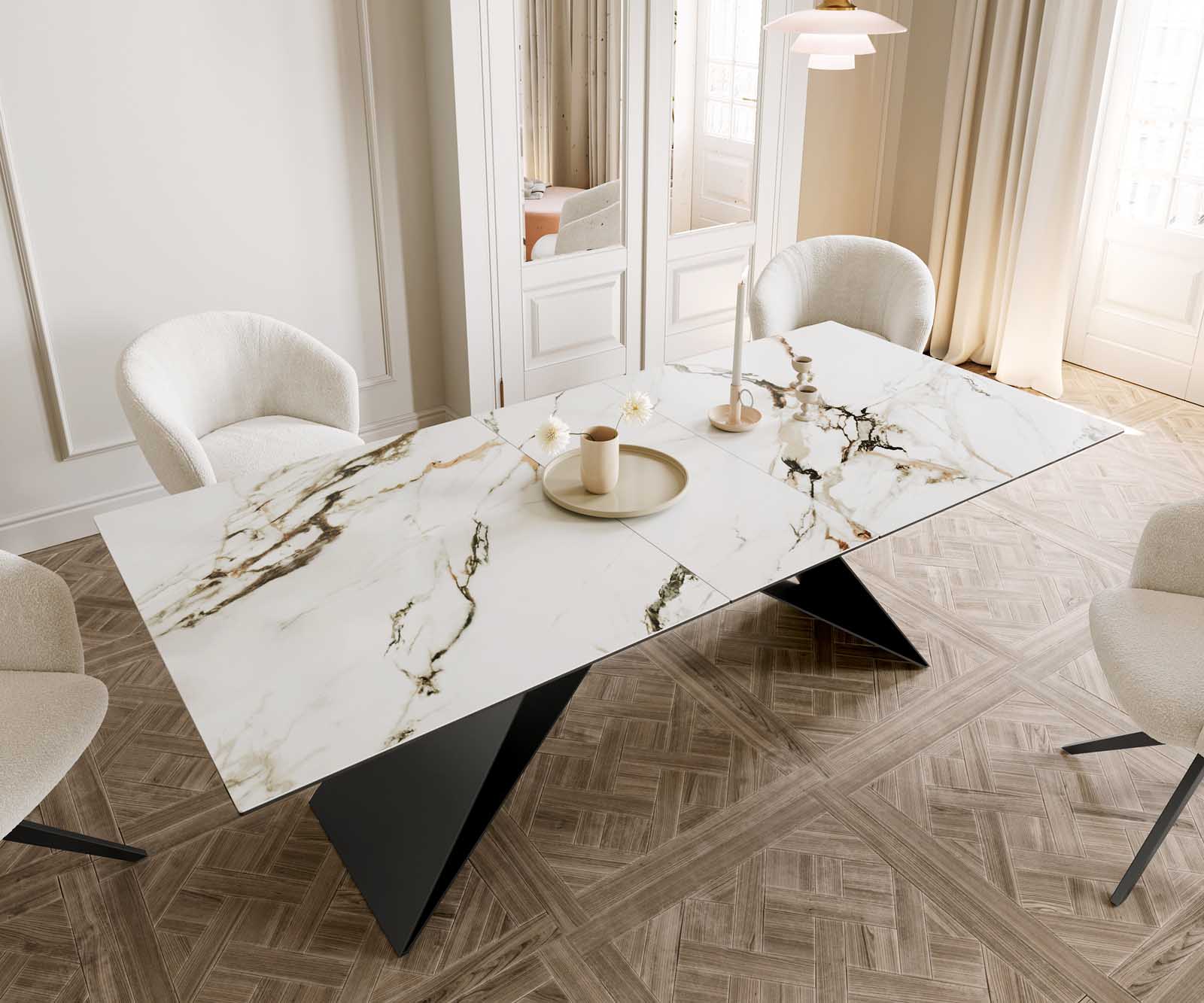 Table à manger Edge 180-220x100 céramique Calacatta Luxe blanc-doré-gris cadre en V acier plat noir extensible 6 Table à manger Edge 180-220x100 céramique Calacatta Luxe blanc-doré-gris cadre en V acier plat noir extensible 6