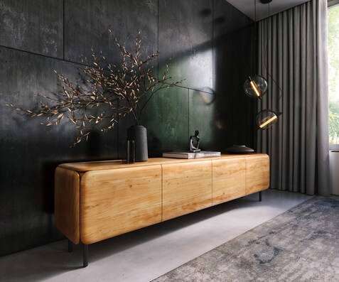Meuble-TV Shavani 220 cm Acacia naturel 4 portes Pieds ronds Métal Noir