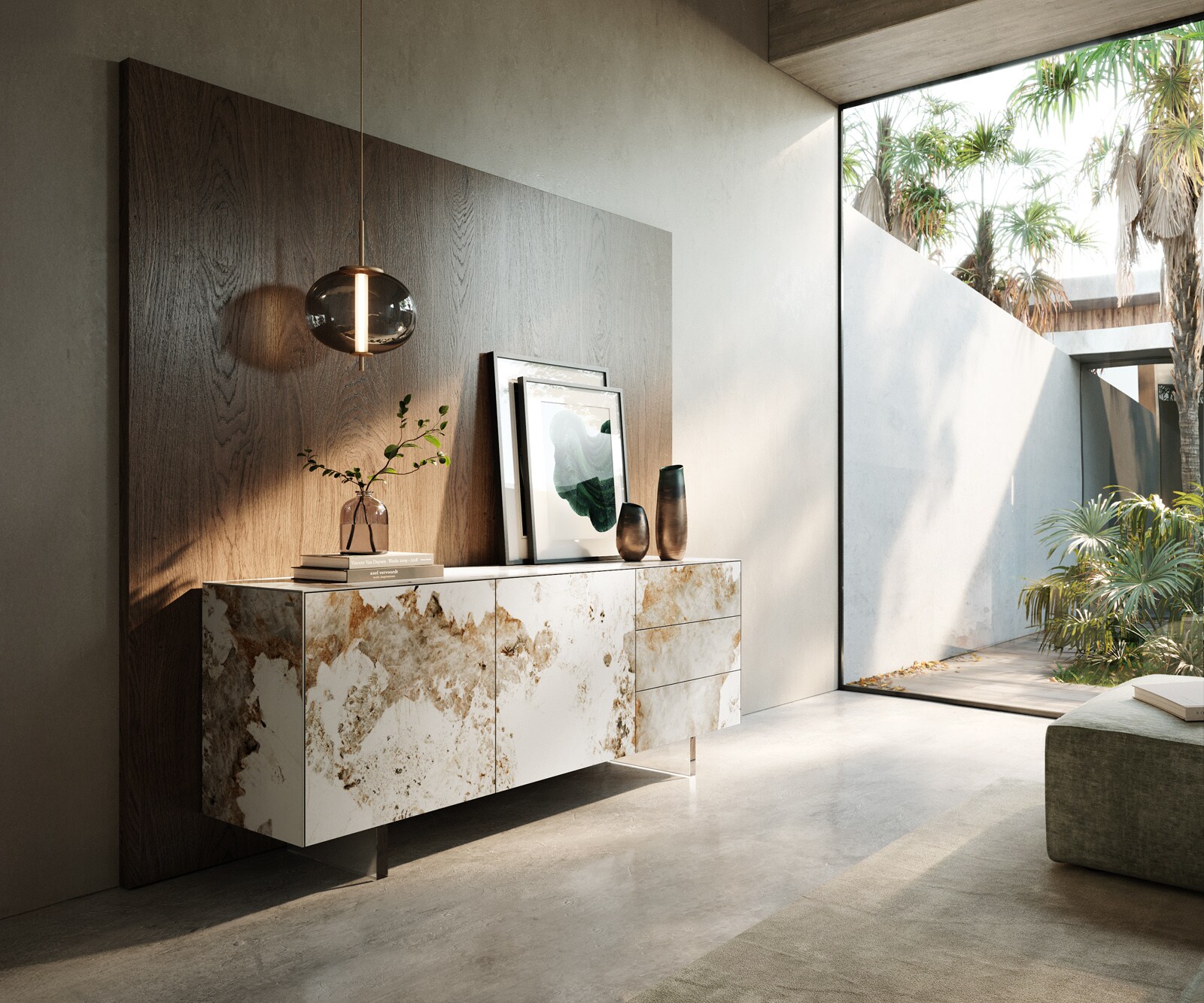 Buffet Cuor 180 cm Céramique Minas Melange Blanc-beige 2 Portes 3 Tiroirs Pied optique flottant Verre acrylique