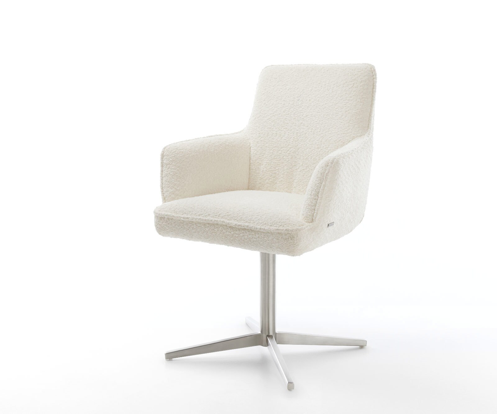 Chaise-pivotante Heira-Flex avec accoudoirs bouclé blanc pied de chaise 4 branches acier inoxydable brossé pivotement sur 360° ressorts ensachés