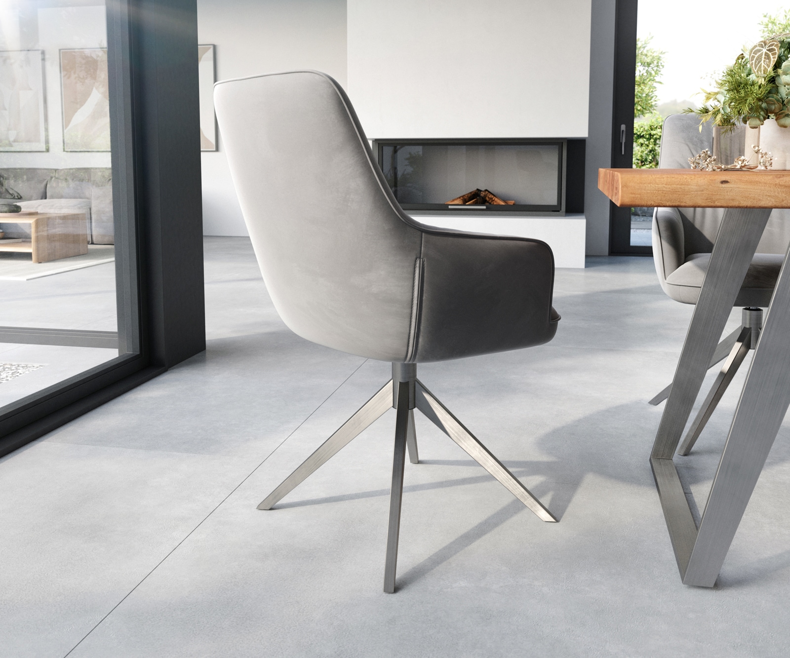 Chaise-de-salle-à-manger Zelia-Flex avec accoudoirs velours gris pied croisé large acier inoxydable brossé ressorts ensachés 4 Chaise-de-salle-à-manger Zelia-Flex avec accoudoirs velours gris pied croisé large acier inoxydable brossé ressorts ensachés 4