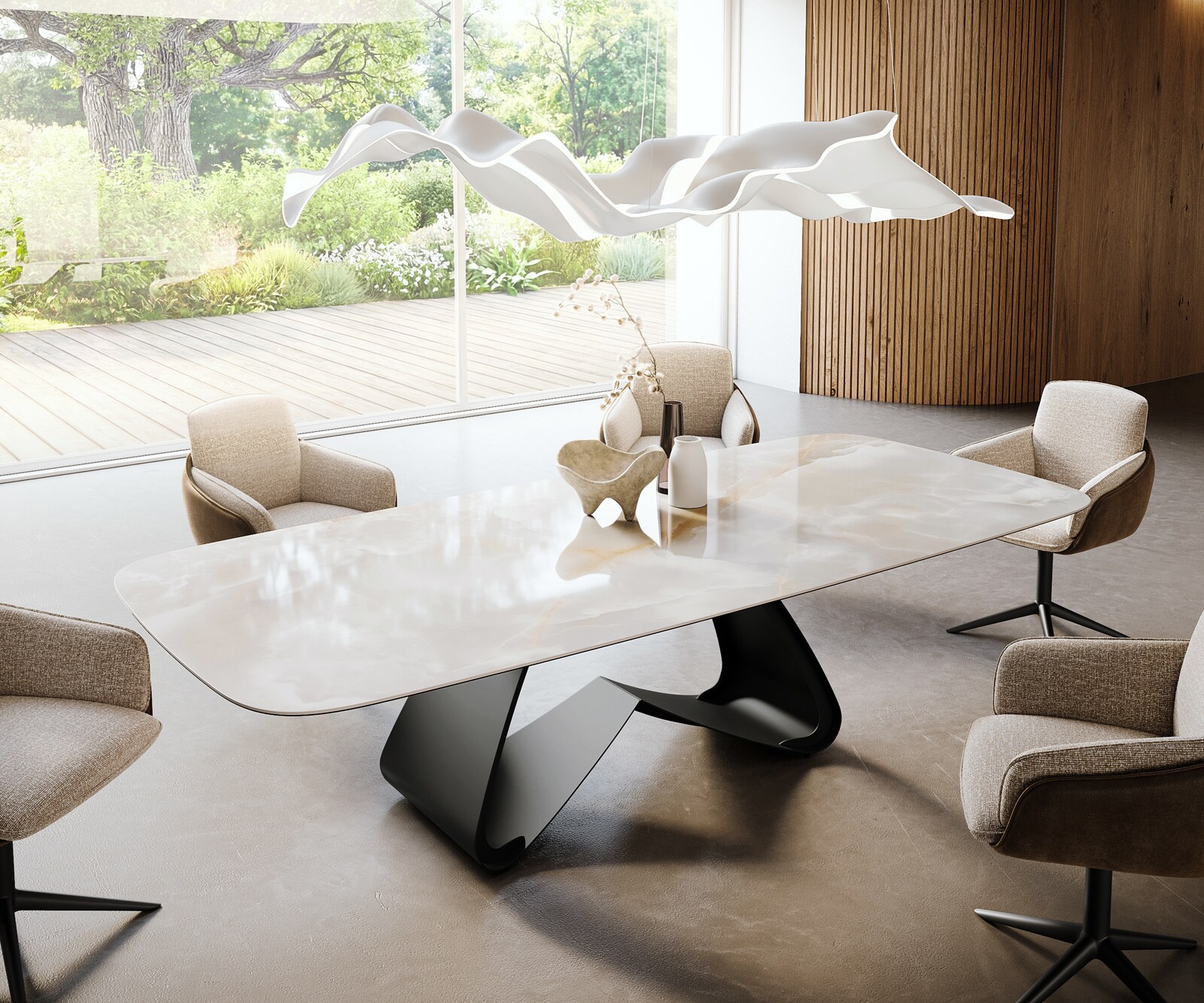 Table à manger Edge Boot 270x120 cm Céramique Iris FMG Onice Grigio piètement en W Métal Noir 1