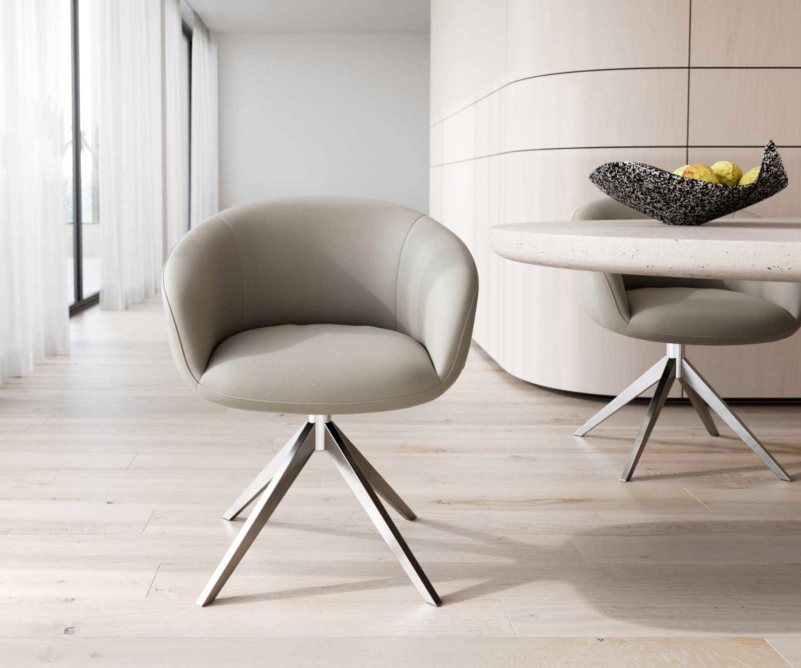 Chaise-pivotante Vinka-Flex avec accoudoirs cuir de vache couleur boue pied croisé large acier inoxydable brossé pivotement sur 360° ressorts ensachés 1 Chaise-pivotante Vinka-Flex avec accoudoirs cuir de vache couleur boue pied croisé large acier inoxydable brossé pivotement sur 360° ressorts ensachés 1