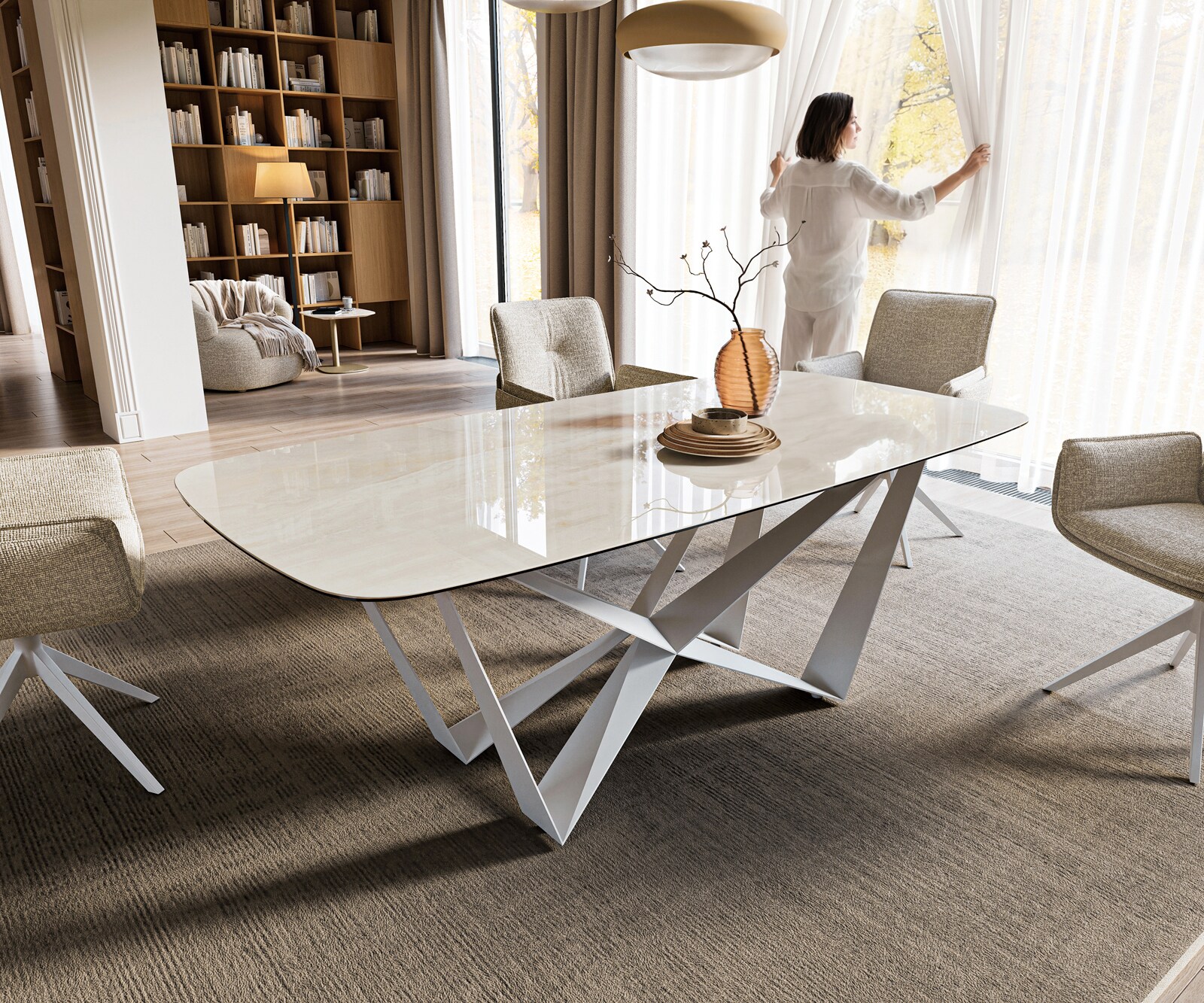 Table à manger Edge bateau 200x100 cm céramique Onyx Champagne Spider métal blanc 1