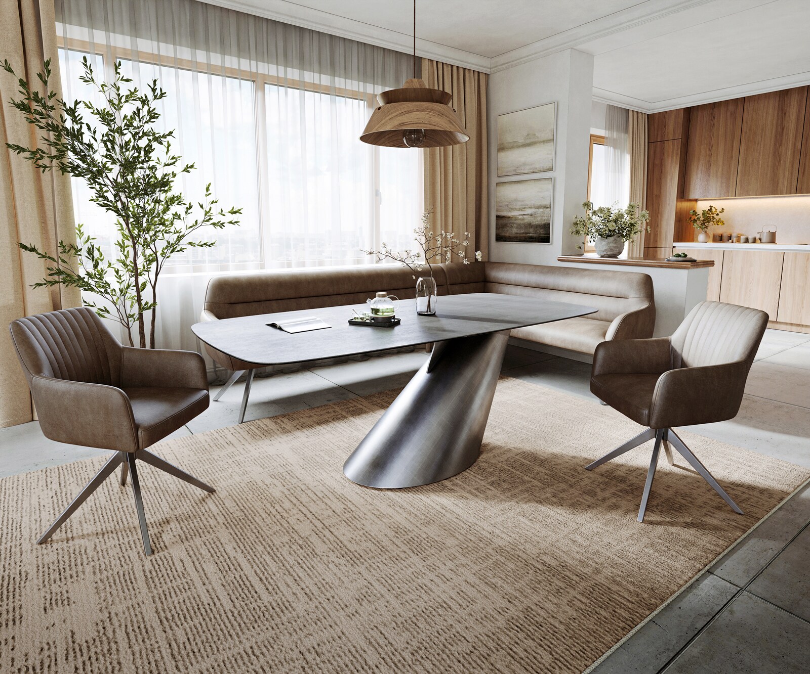 Table à manger Edge bateau 200x100 cm céramique béton gris Cono métal argenté 6