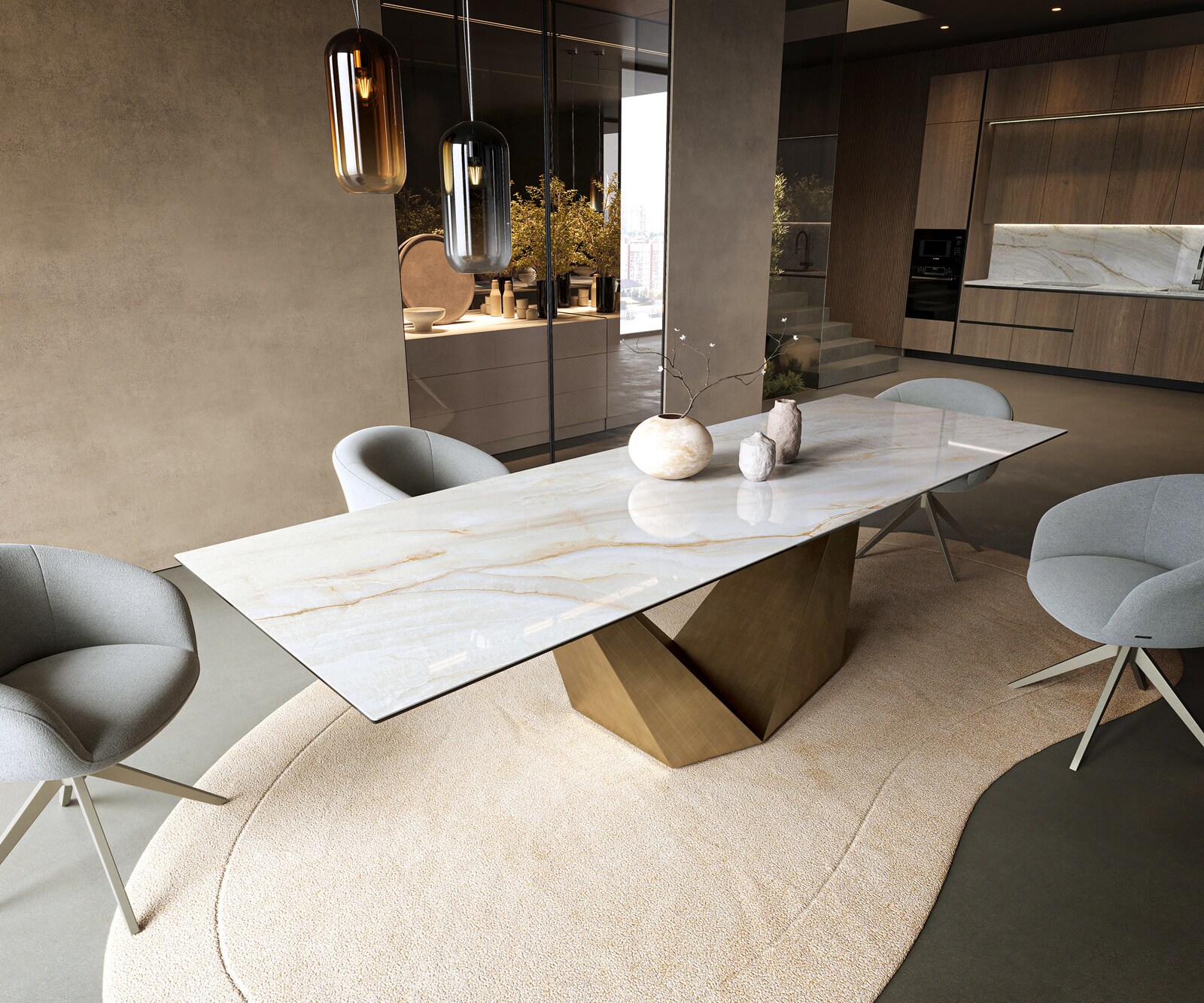 Table à manger Edge 300x100 cm céramique Onyx Pearl Prisma métal doré 1