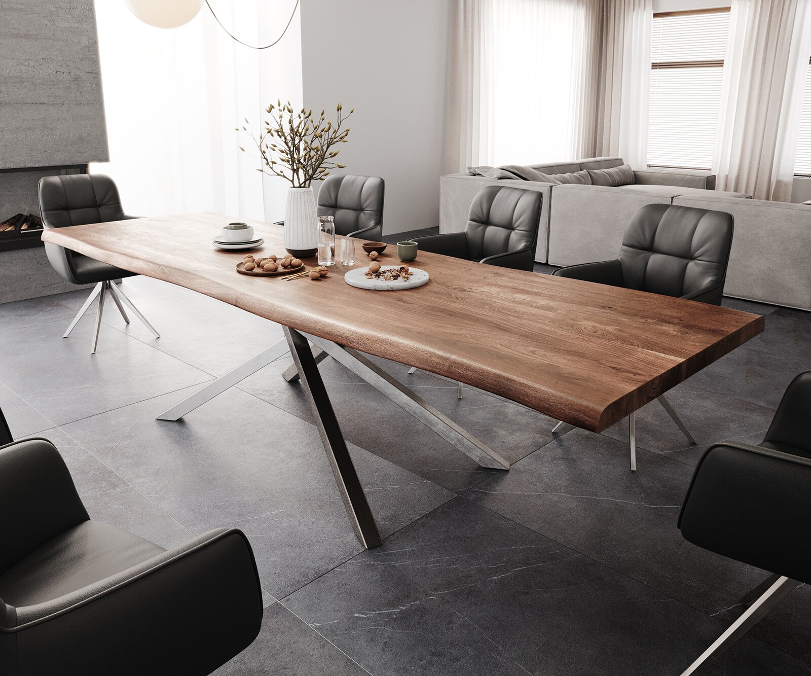 Table à manger Edge 300x100 XL acacia marron cadre croisé rectangle acier inoxydable Live-Edge 1
