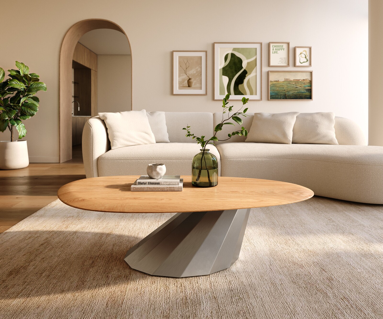 Table basse Edge Oval 140x75 cm chêne naturel bord arrondi Parabi acier inoxydable brossé 1