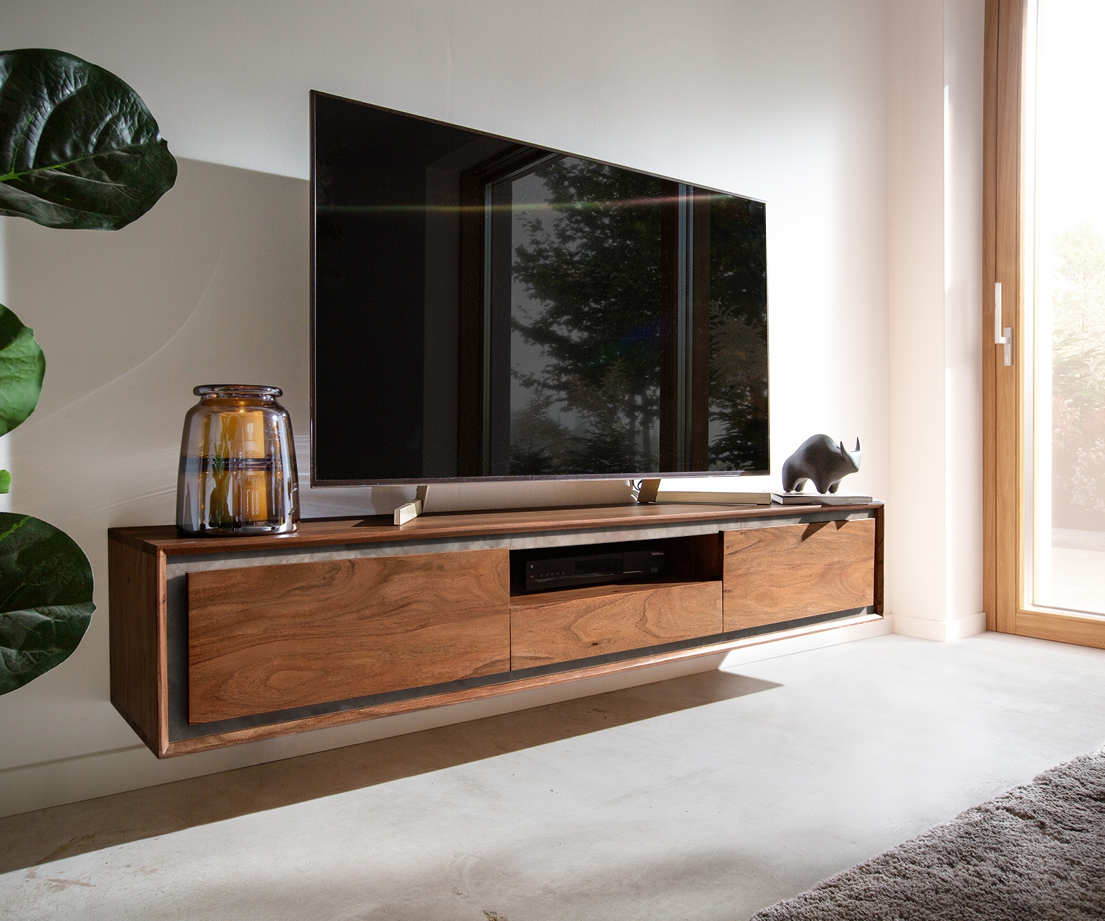 Meuble-TV Stonegrace 175 cm acacia marron plaqué pierre 2 portes 1 tiroir 1 compartiment suspendu 1