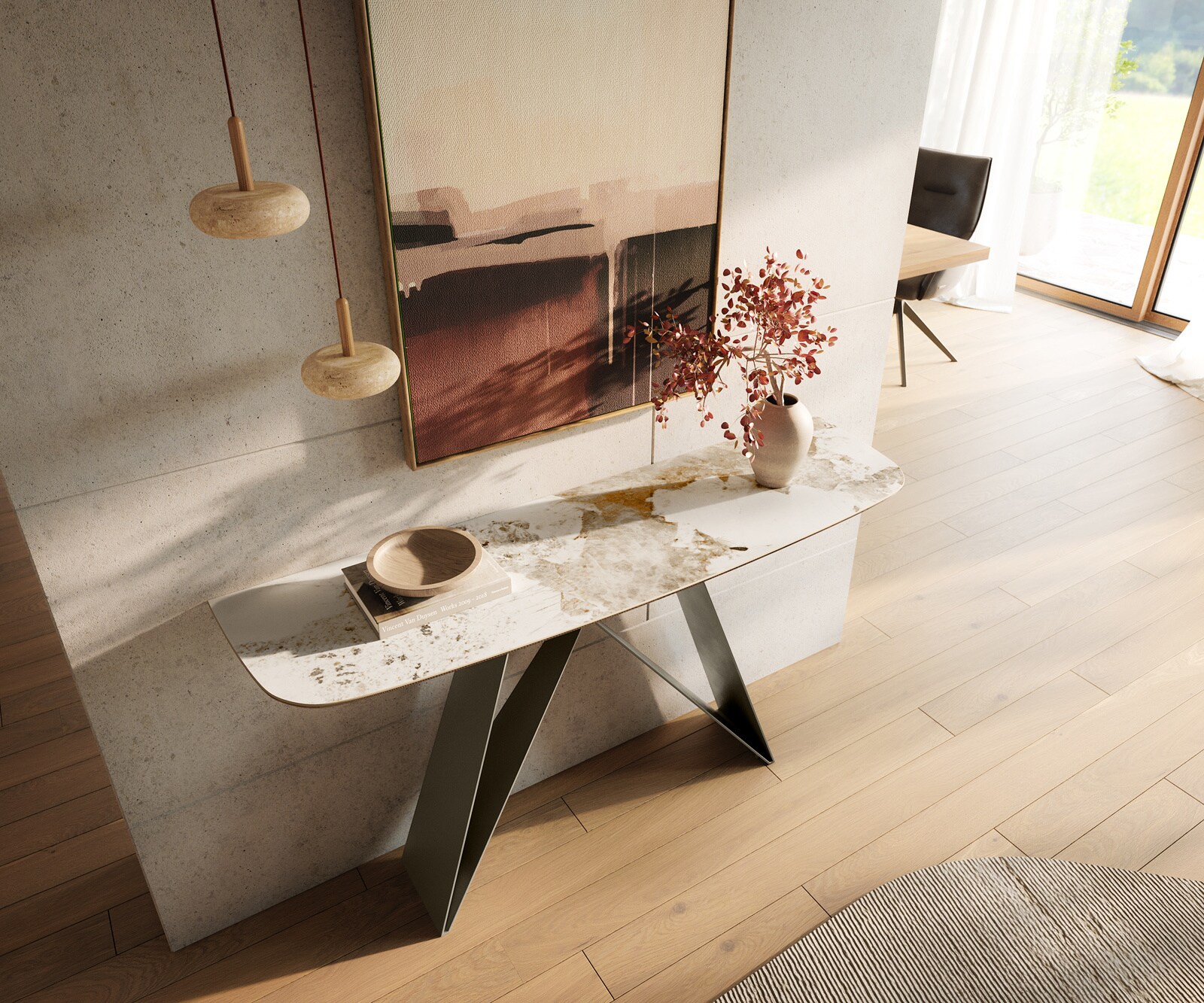 Console Edge forme bateau 140x40 cm Céramique Minas Melange Weiß-Beige Velio Métal Effektfinish Titan 1