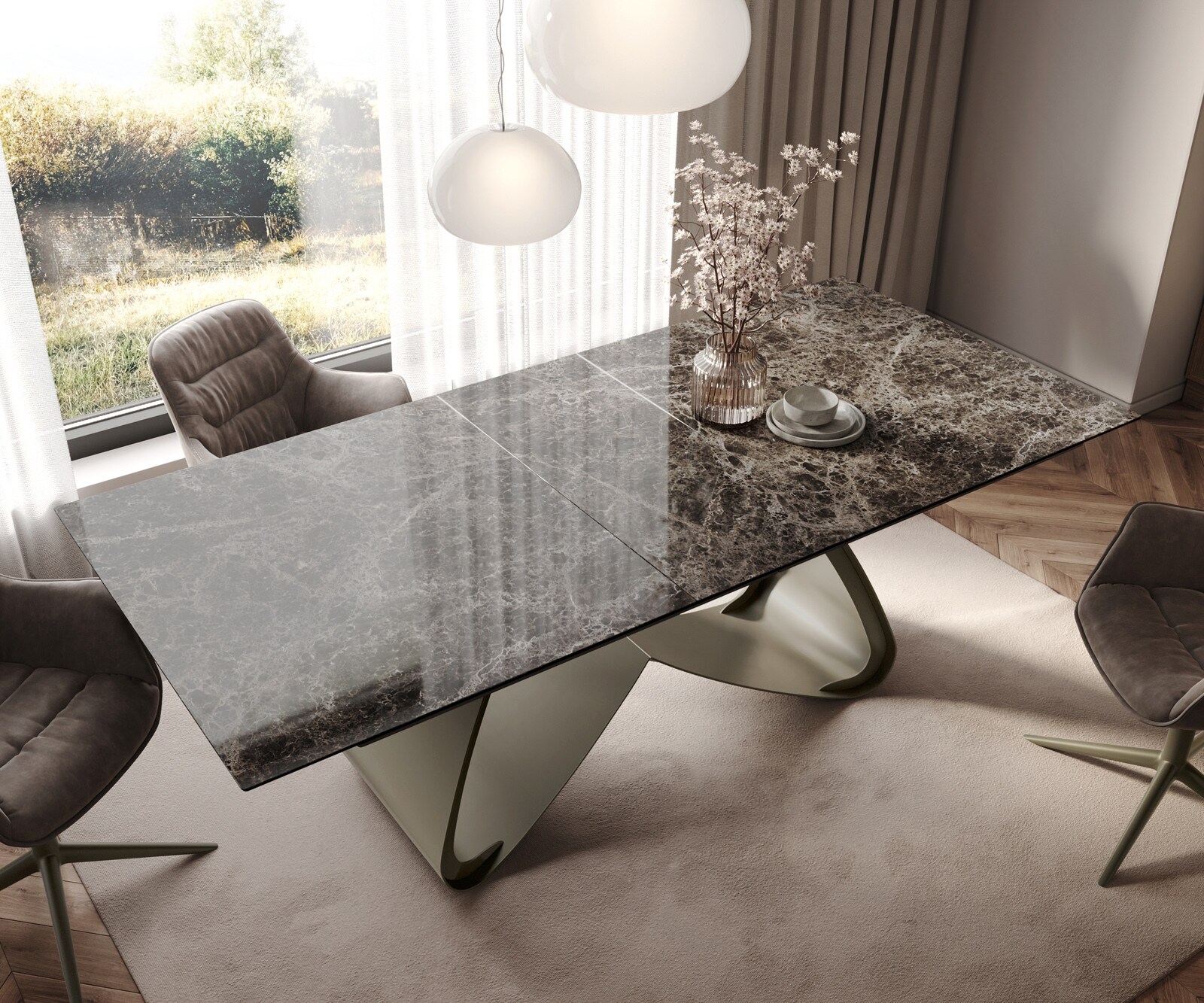 Table de salle à manger Edge Céramique Emperador Extra Lucidato Brun foncé 180-220x100 Piètement en W finition effet Titane extensible 4