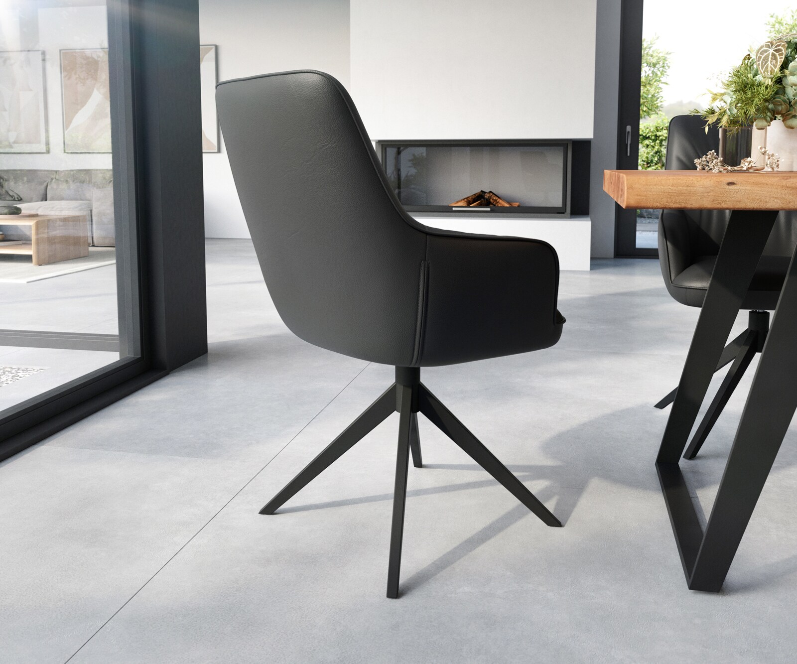 Chaise-de-salle-à-manger Zelia-Flex avec accoudoirs cuir de vache noir pied croisé large noir ressorts ensachés 4