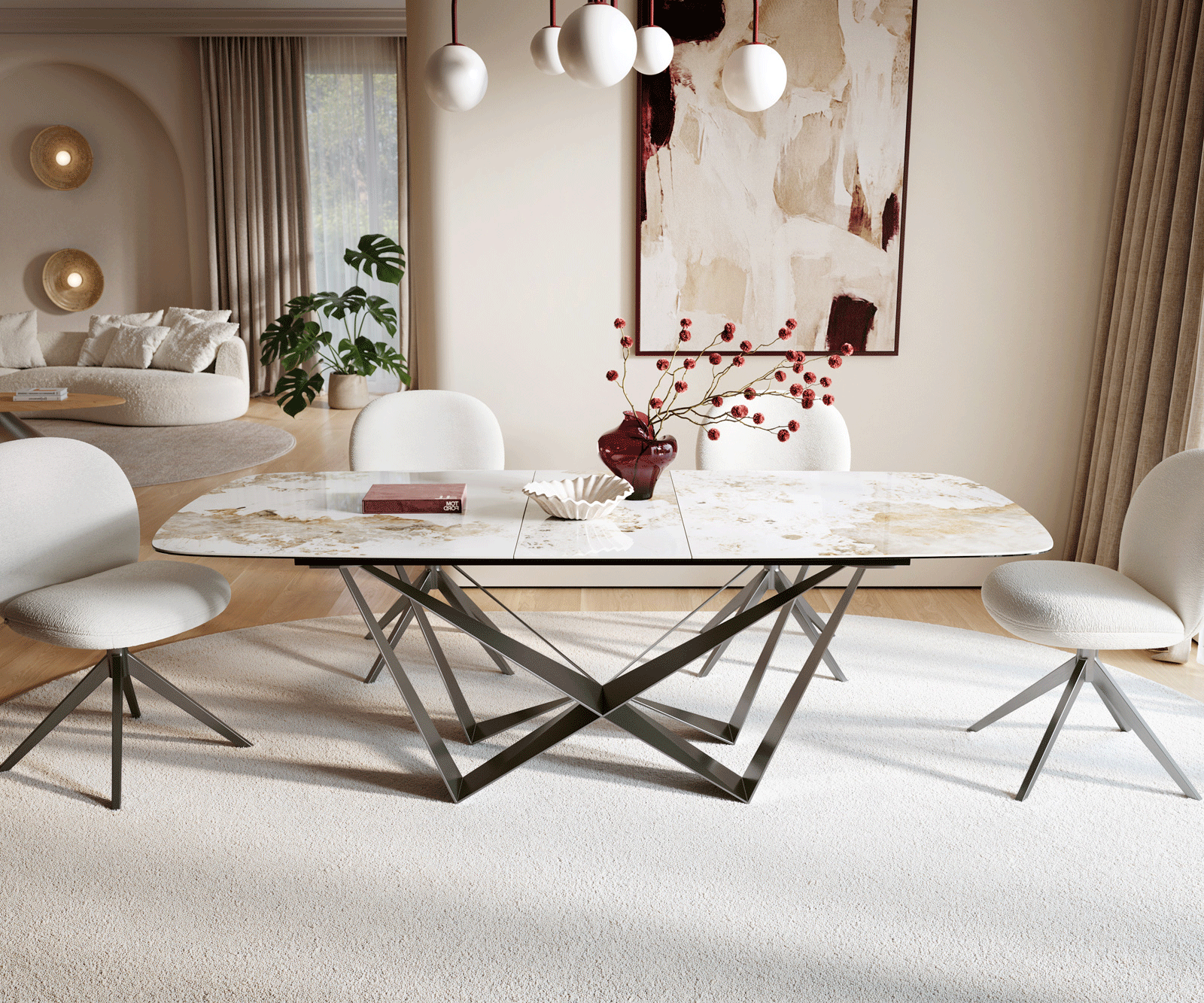 Table à manger Edge Boot 180-220x100 cm Céramique Minas Melange Blanc-Beige Spider Flachstahl Acier inoxydable Graphite extensible 2