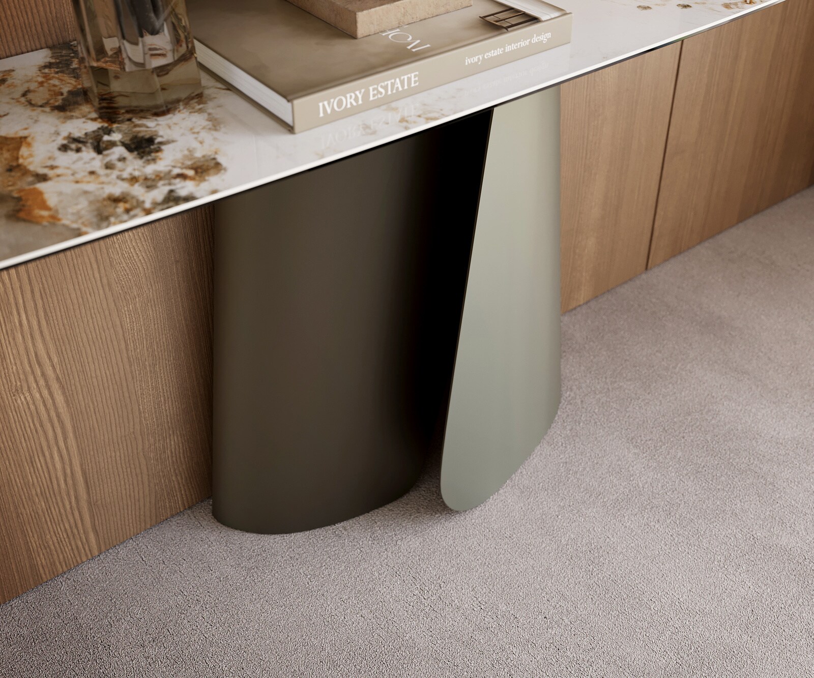 Console Edge forme bateau 180x40 cm Céramique Minas Melange Weiß-Beige Livos Métal Effektfinish Titan 6