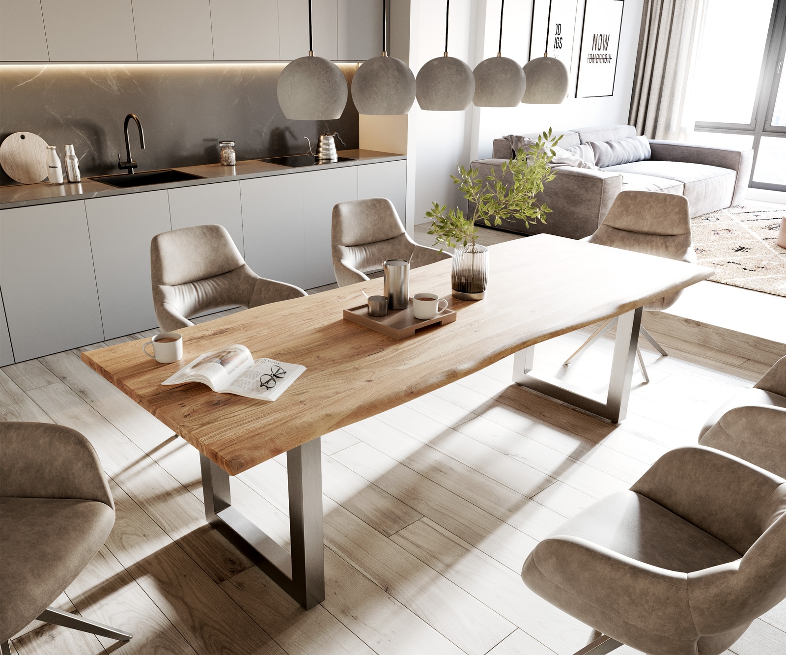 Table-à-manger Edge 260x100 acacia nature acier inoxydable large Live-Edge 1