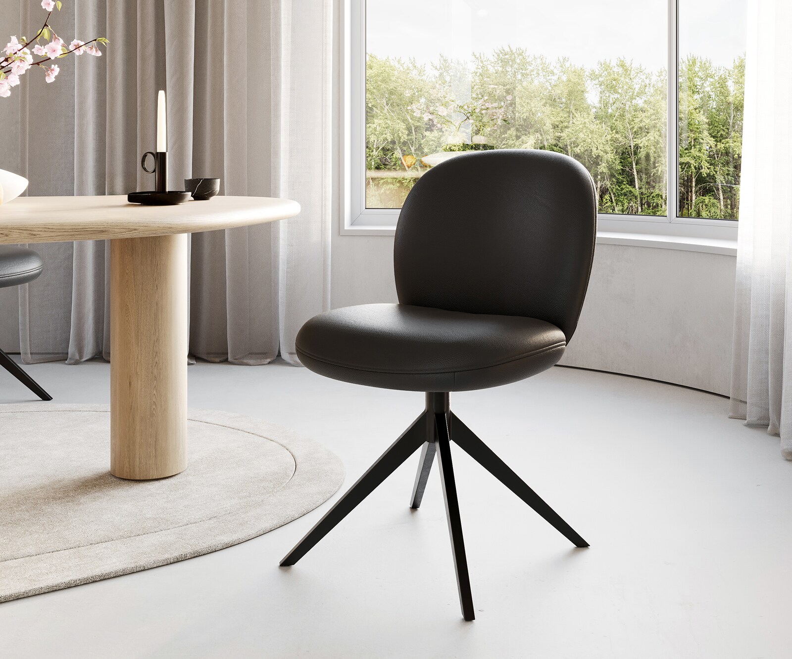 Chaise-pivotante Nube-Flex cuir de vache noir pied croisé large noir pivotement sur 360° ressorts ensachés