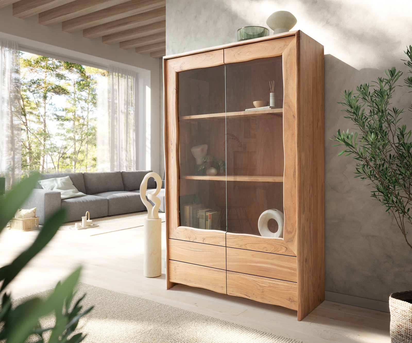 Vitrine Live-Edge 120x190 cm Acacia Naturel 2 portes 4 tiroirs Massif Vitrine Live-Edge 120x190 cm Acacia Naturel 2 portes 4 tiroirs Massif