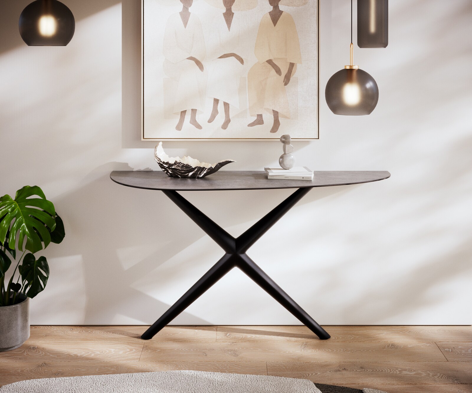 Table console Edge Oval 140x40 cm Céramique Béton Gris Estelo Métal Noir