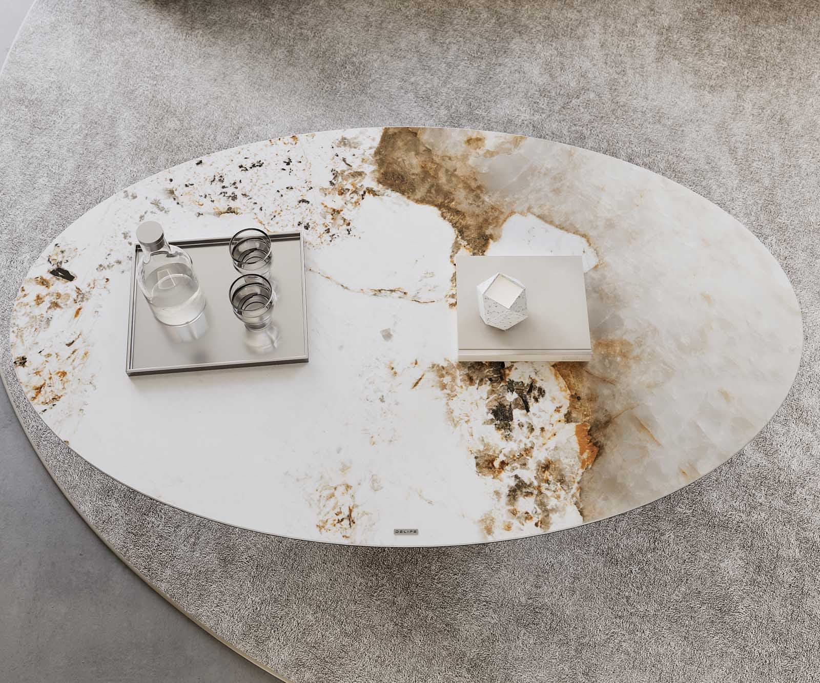 Table-basse Casilda 150x90 cm céramique Minas Melange blanc-beige pied central Finition à effet titane 4 Table-basse Casilda 150x90 cm céramique Minas Melange blanc-beige pied central Finition à effet titane 4