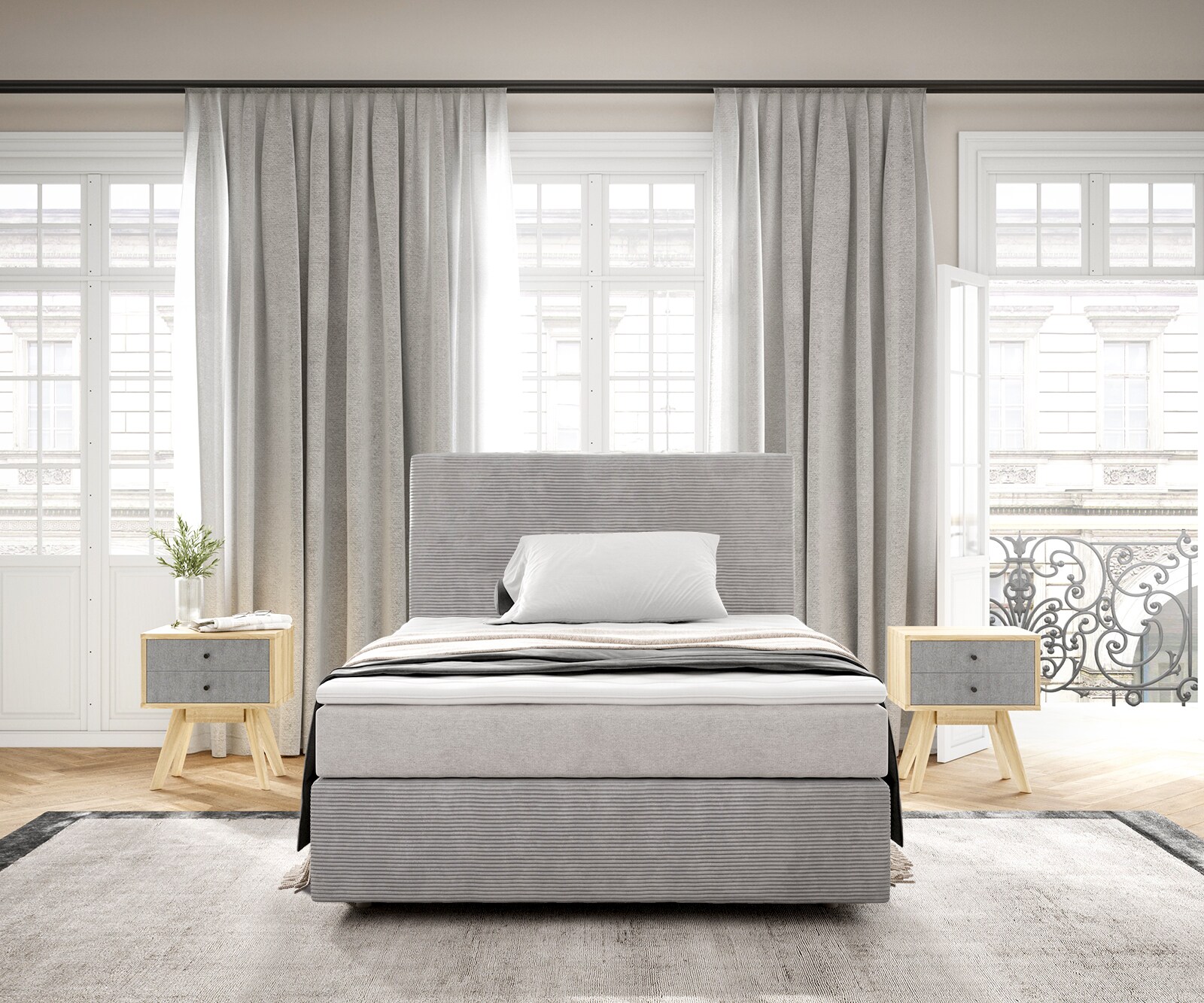 Lit-à-sommier-tapissier Dream-Well 120x200 cm Velours côtelé gris argenté avec matelas à ressorts ensachés et surmatelas Visco 1