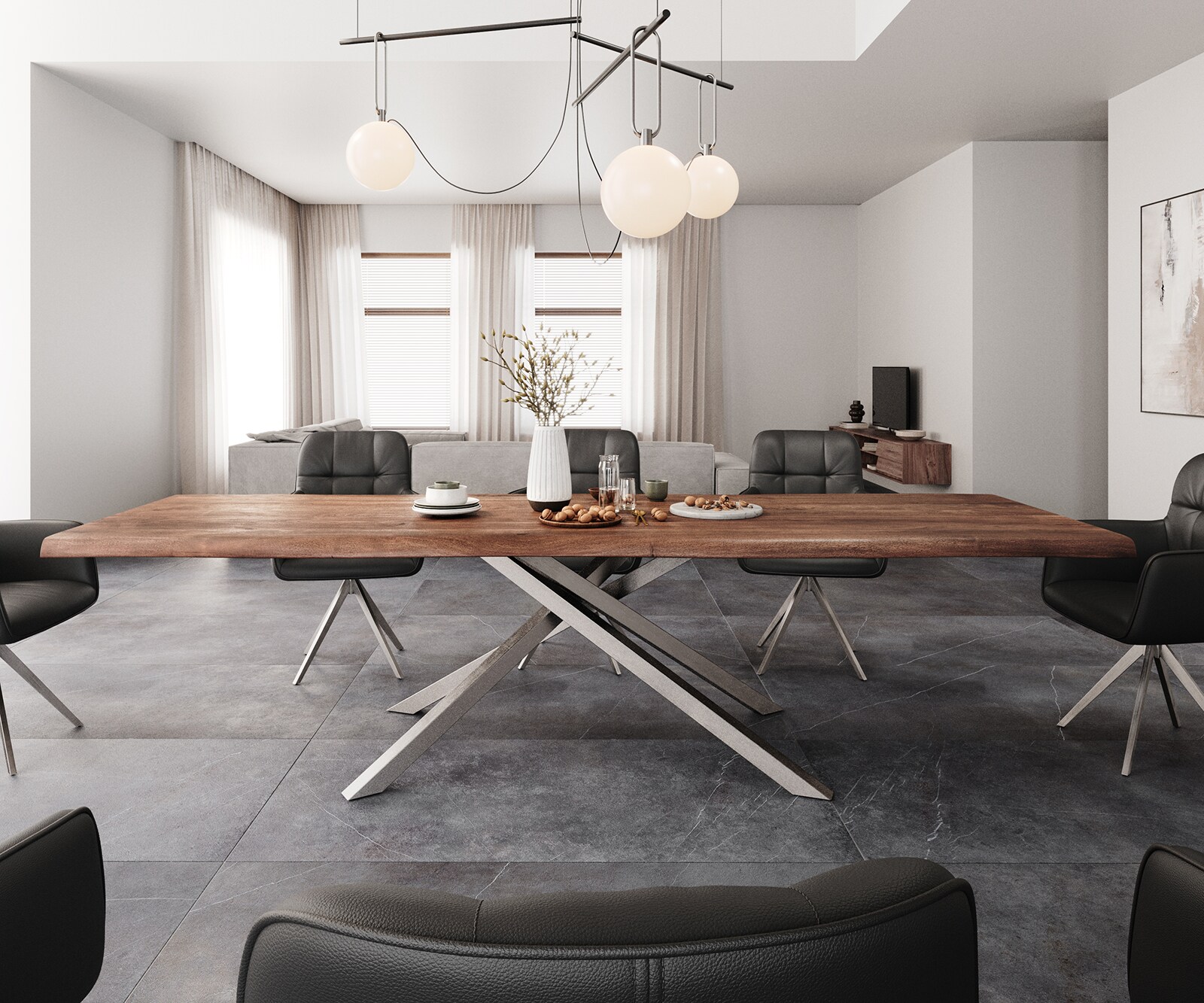 Table à manger Edge 300x100 XL acacia marron cadre croisé rectangle acier inoxydable Live-Edge 2