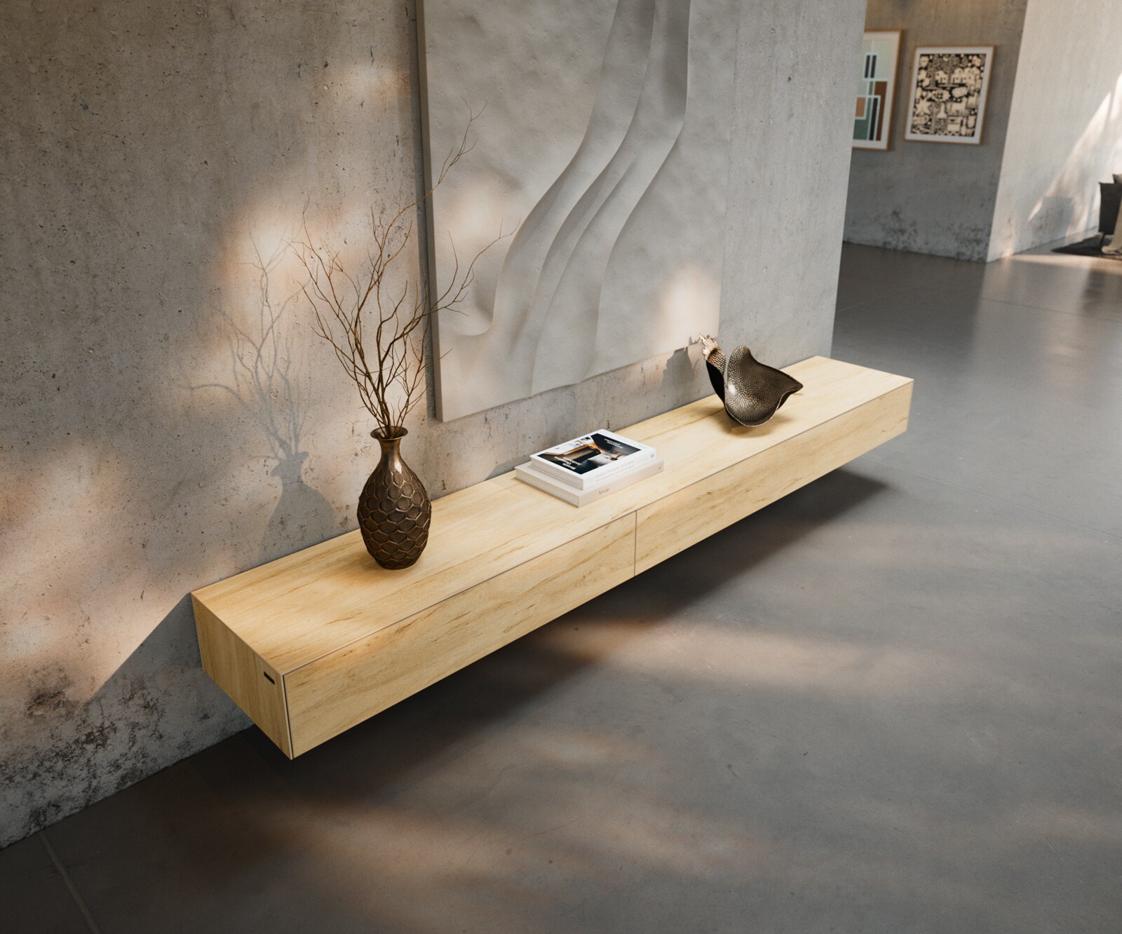 Meuble-TV Cuor 250 cm Céramique Laminam® Sabbia Teinte chêne 1 Clapet 1 Tiroir Flottant 4