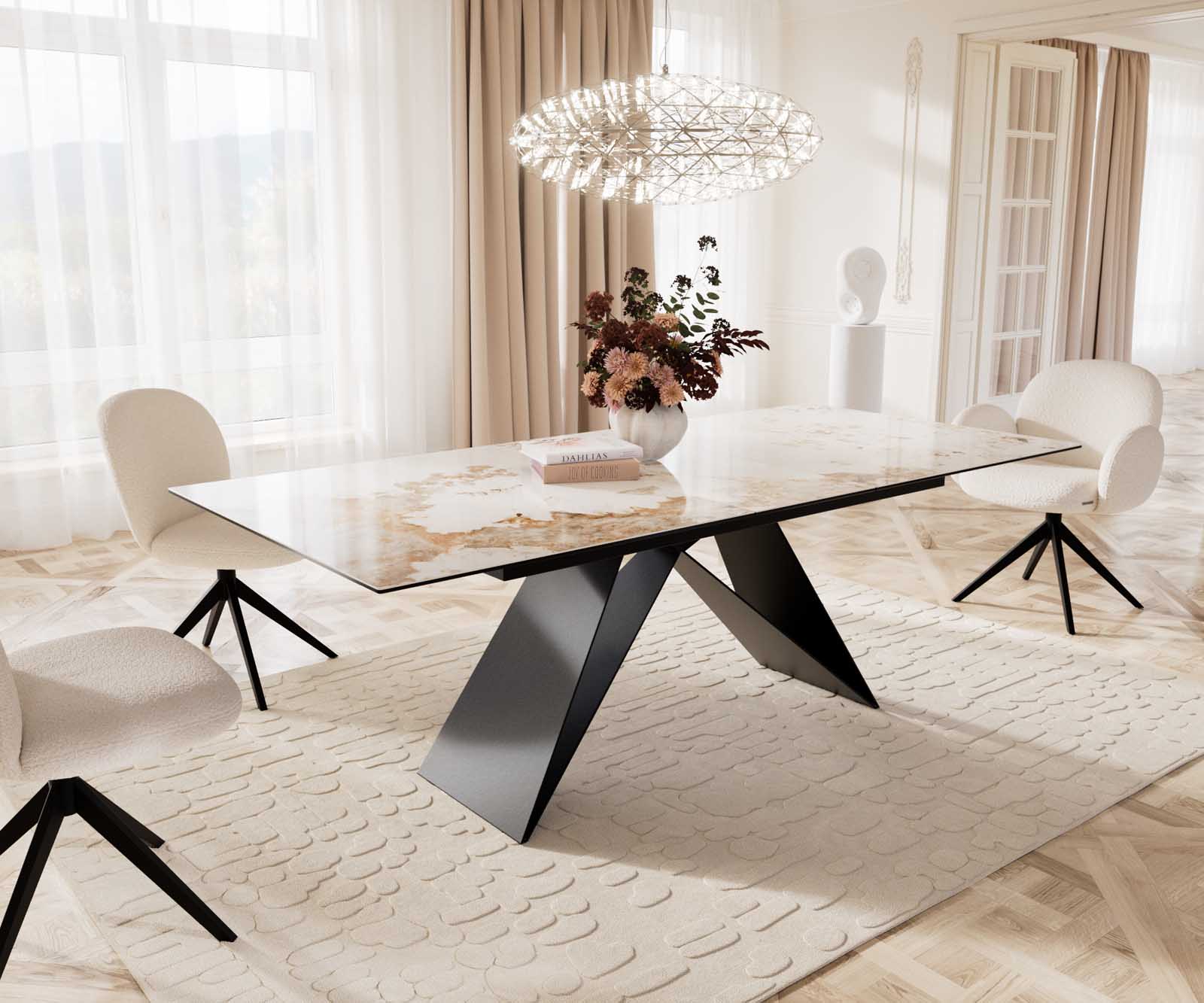 Table à manger Edge 180-220x100 céramique Minas mélange blanc-beige cadre en V acier plat noir extensible Table à manger Edge 180-220x100 céramique Minas mélange blanc-beige cadre en V acier plat noir extensible