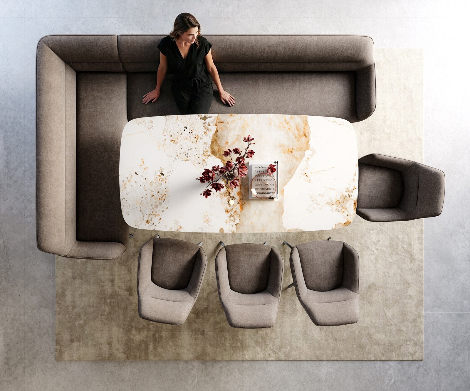 Banc-de-salle-à-manger Taya-Flex 285x190 cm tissu structuré doux taupe pied croisé angulaire grafiete ressort ensaché liens 6