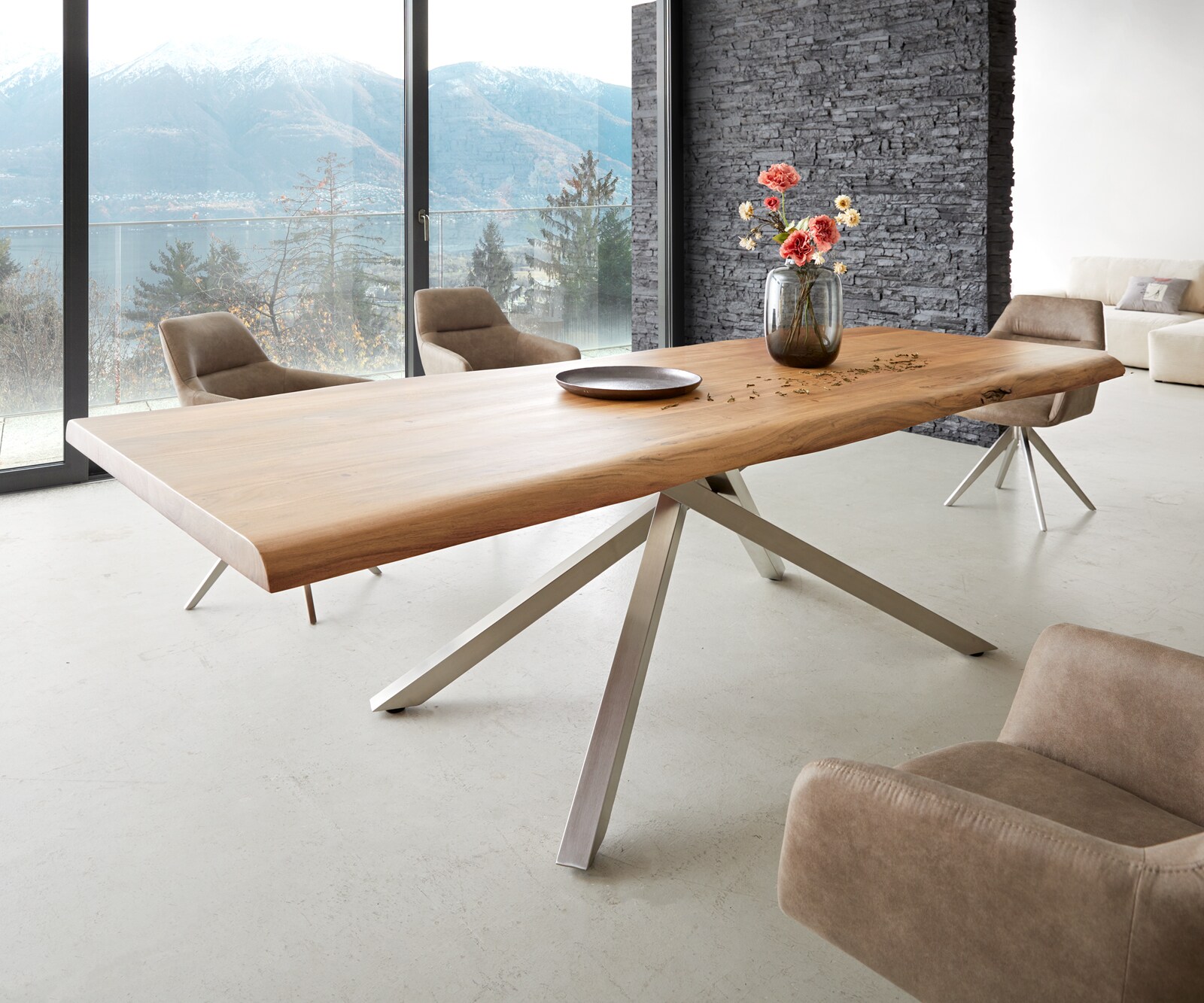 Table à manger Edge 260x100 XL acacia nature cadre croisé rectangle acier inoxydable Live-Edge 1