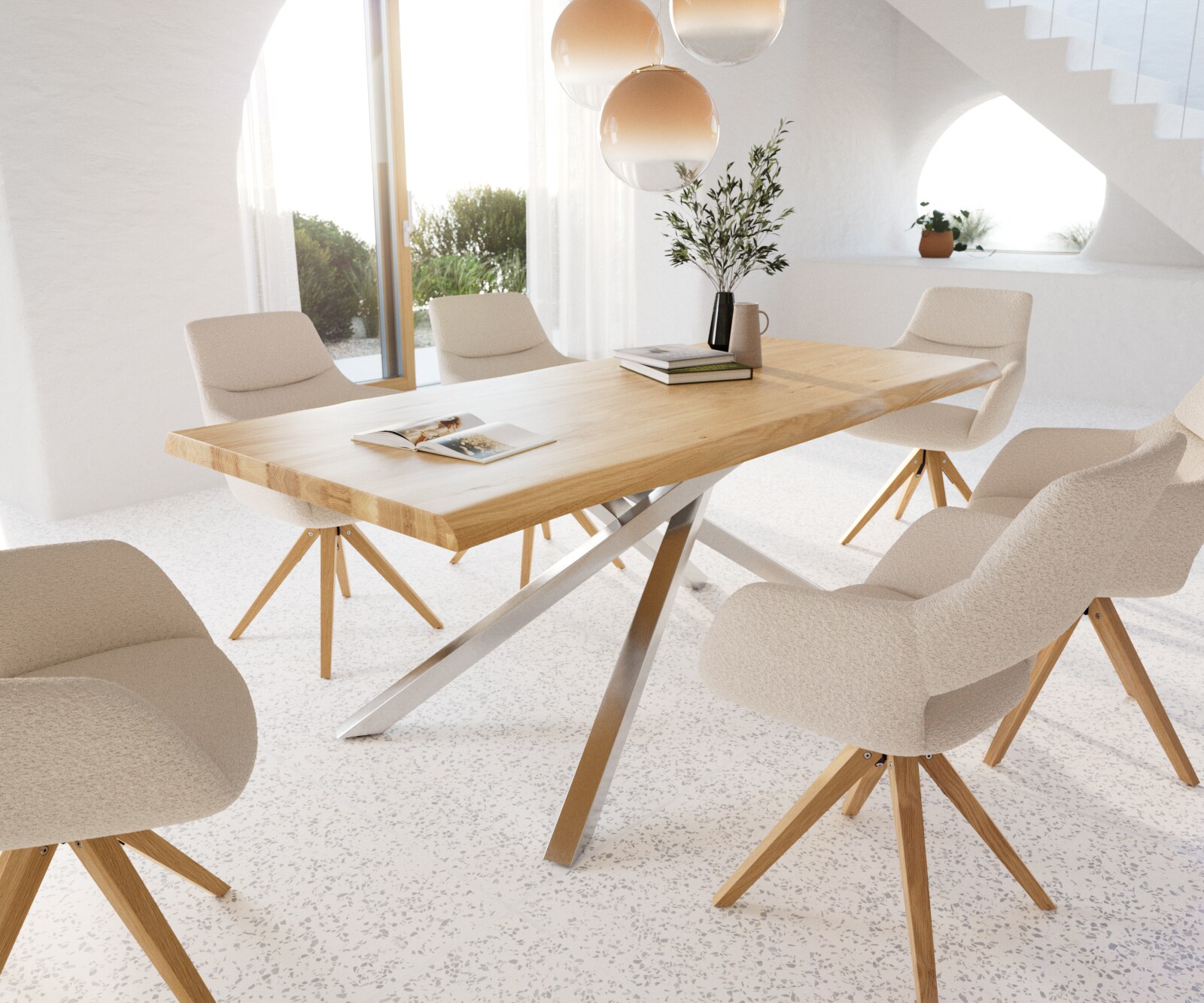 Table à manger Edge 200x100 chêne nature cadre croisé rectangle acier inoxydable Live-Edge laqué 6 Table à manger Edge 200x100 chêne nature cadre croisé rectangle acier inoxydable Live-Edge laqué 6