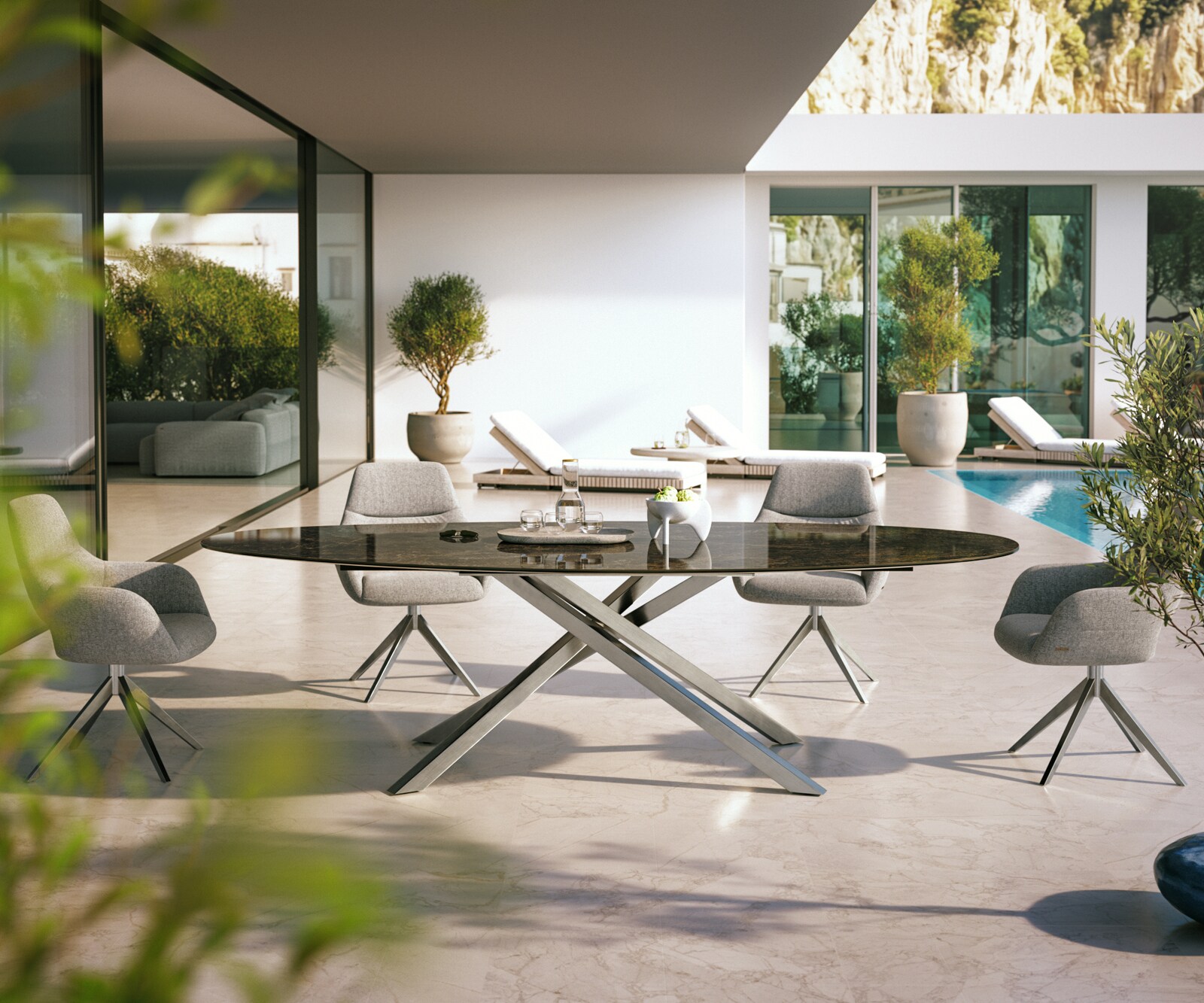 Table d’extérieur Edge Ovale 280x130 cm céramique Laminam® Emperador Extra Lucidato brun foncé piètement croisé rectangulaire en acier inoxydable 1