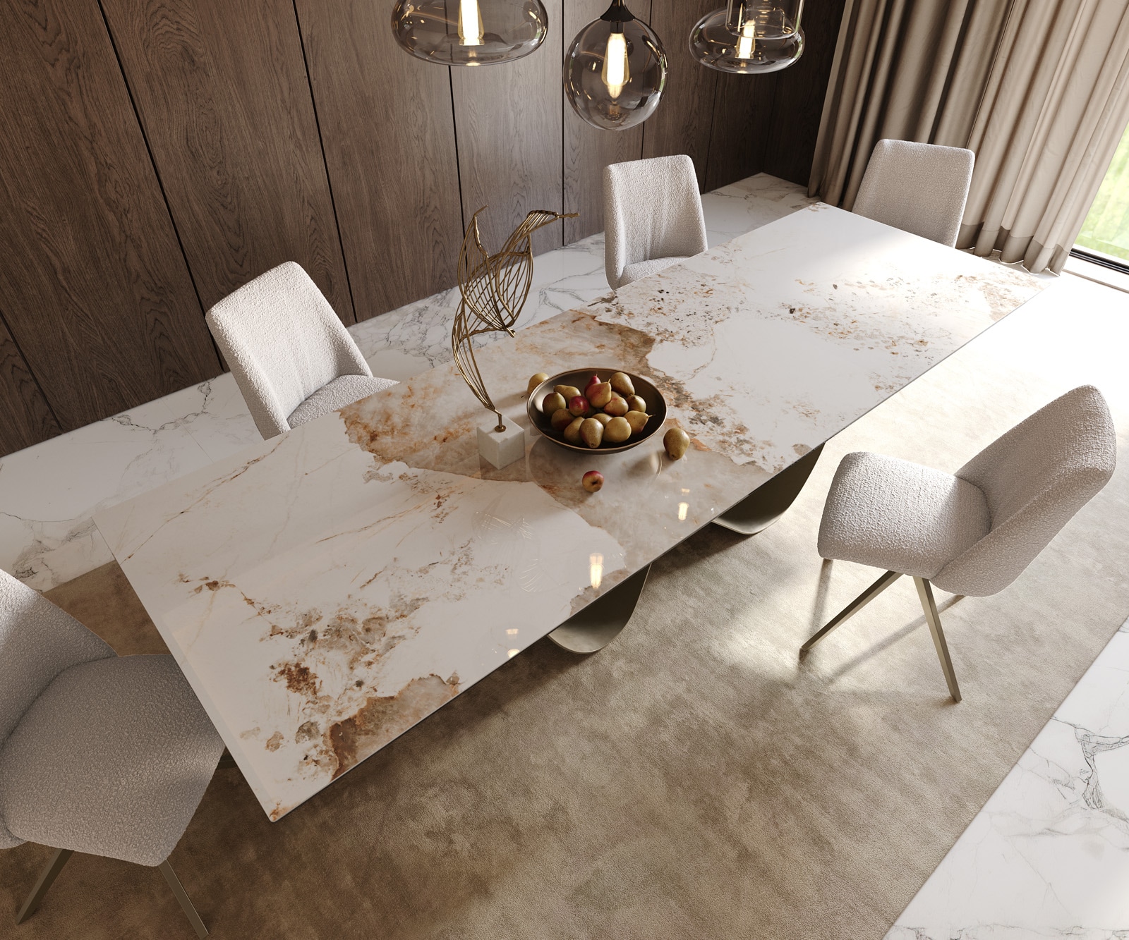 Table à manger Edge 300x100cm Céramique Minas Mélange Blanc-Beige Infinity Métal Effet Titane 6