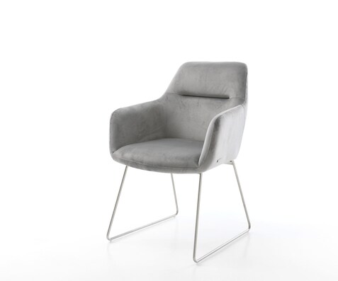 Chaise-de-salle-à-manger Pejo-Flex velours gris pied trapèze acier inoxydable brossé ressorts ensachés