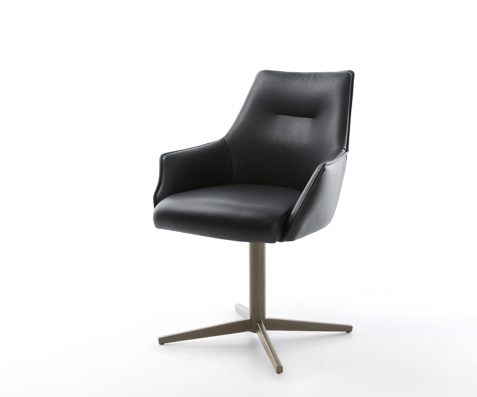 Chaise-pivotante Alja-Flex avec accoudoirs cuir de vache noir pied de chaise 4 branches aspect titane pivotement sur 360° ressorts ensachés Chaise-pivotante Alja-Flex avec accoudoirs cuir de vache noir pied de chaise 4 branches aspect titane pivotement sur 360° ressorts ensachés