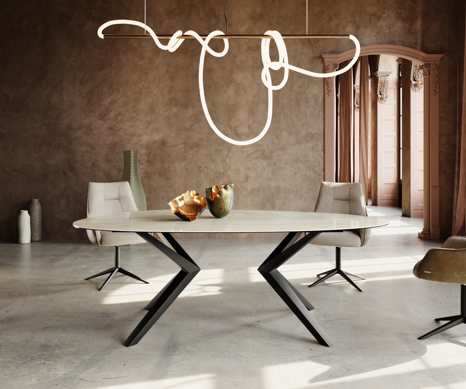 Table à manger Edge Ovale 220x120 Céramique Iris FMG Onice Oro Zenthara anguleux Métal Noir 2