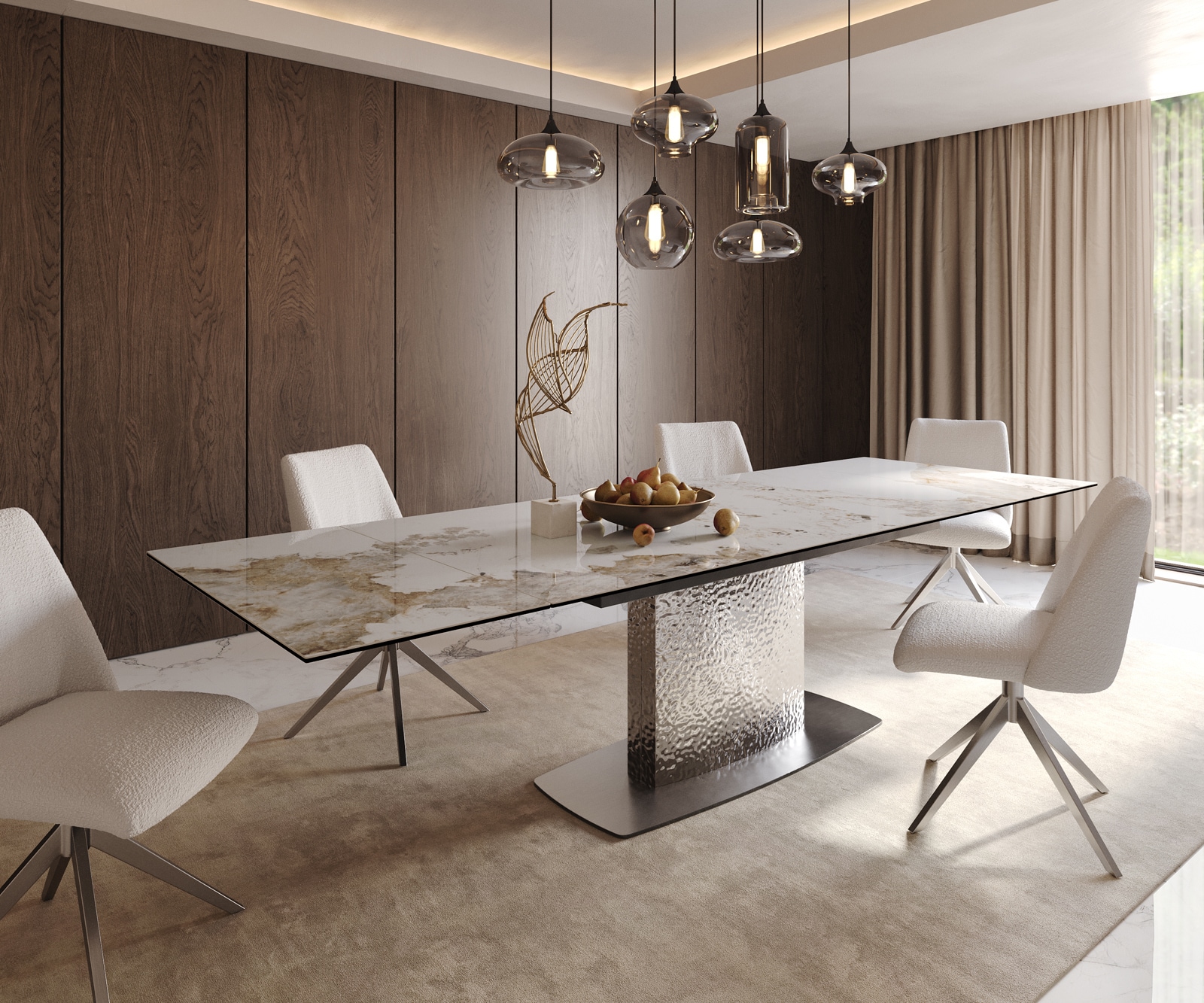 Table à manger Edge 200-300x100 céramique Minas mélange blanc-beige Wave acier inoxydable extensible Table à manger Edge 200-300x100 céramique Minas mélange blanc-beige Wave acier inoxydable extensible