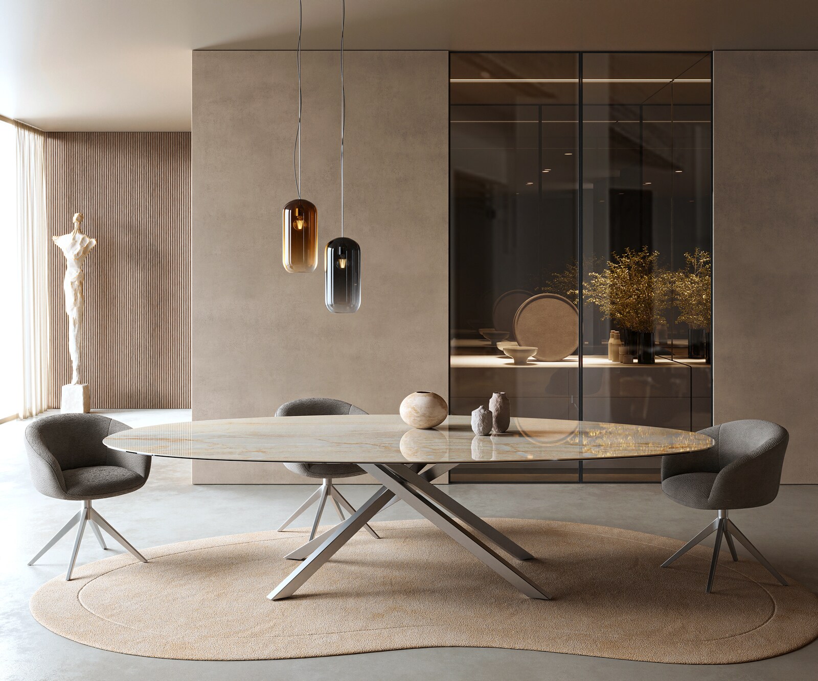 Table à manger Edge Oval 315x150 cm Céramique Iris FMG Onice Oro piètement en croix Rectangle Acier inoxydable 2