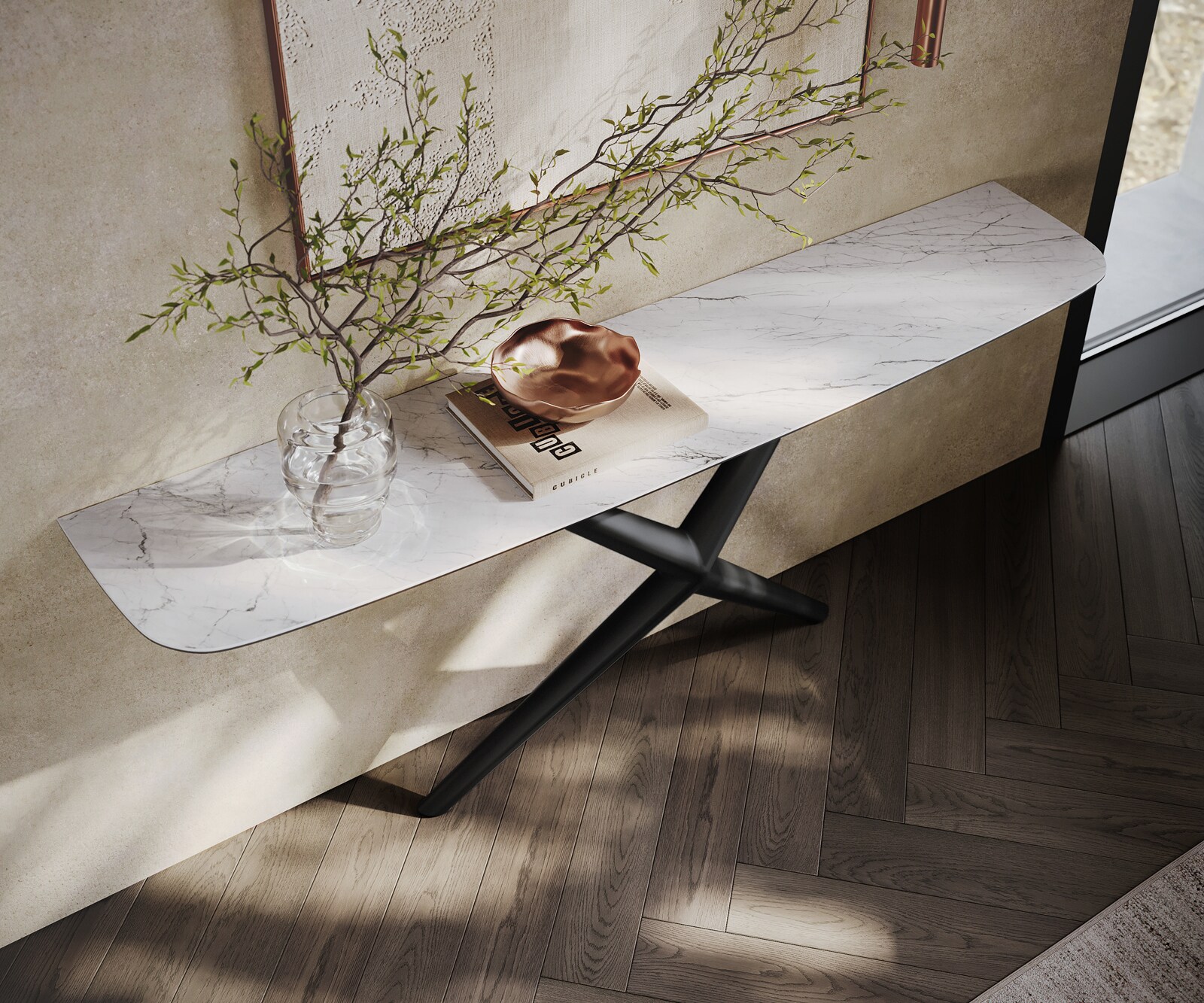 Console Edge forme bateau 180x40 cm Céramique Laminam® Statuarietto Weiß Estelo Métal Noir 2