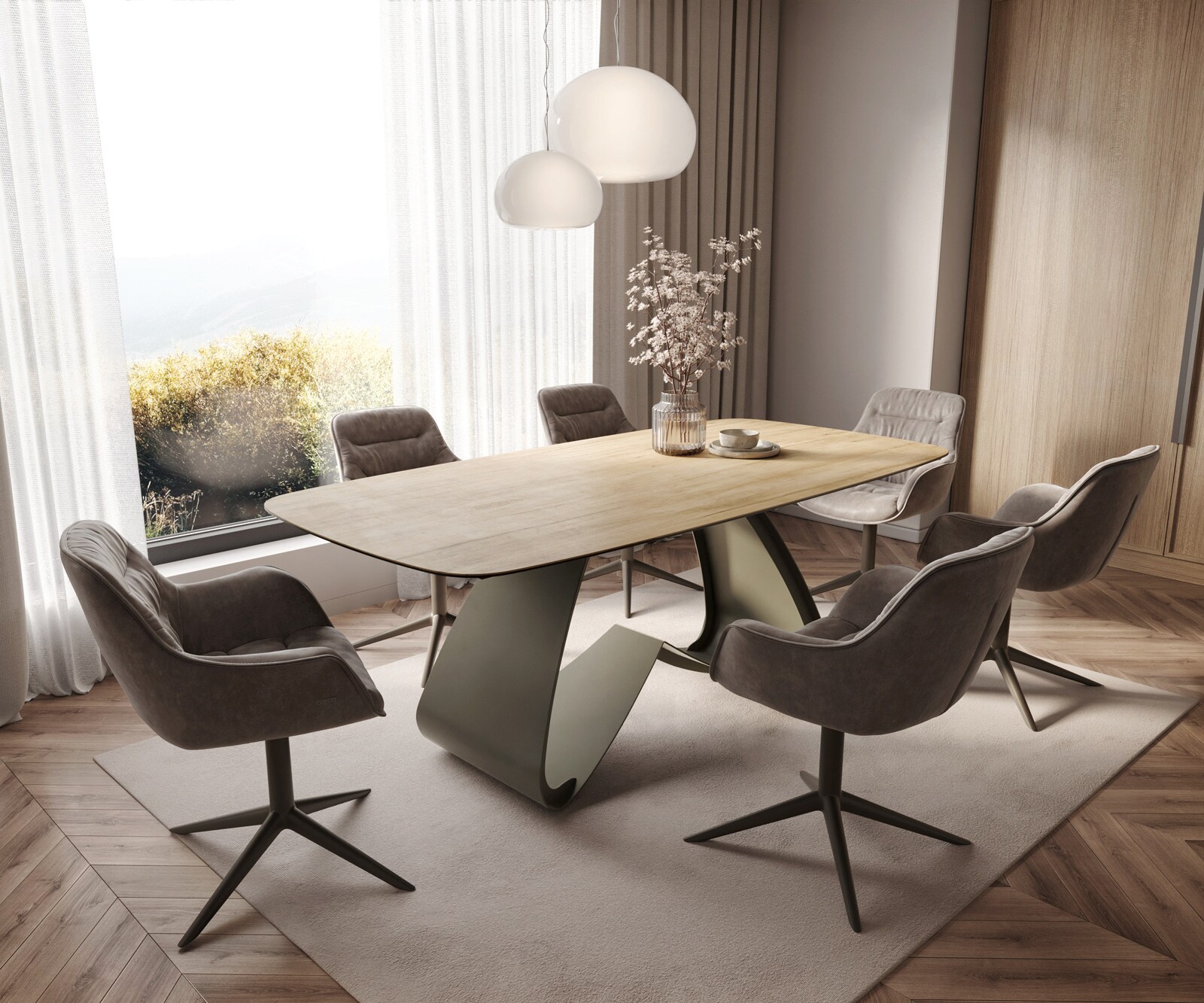 Table à manger Edge Boot 200x100 céramique Laminam® Sabbia chêne coloré cadre en W métal effet finition titanee 7