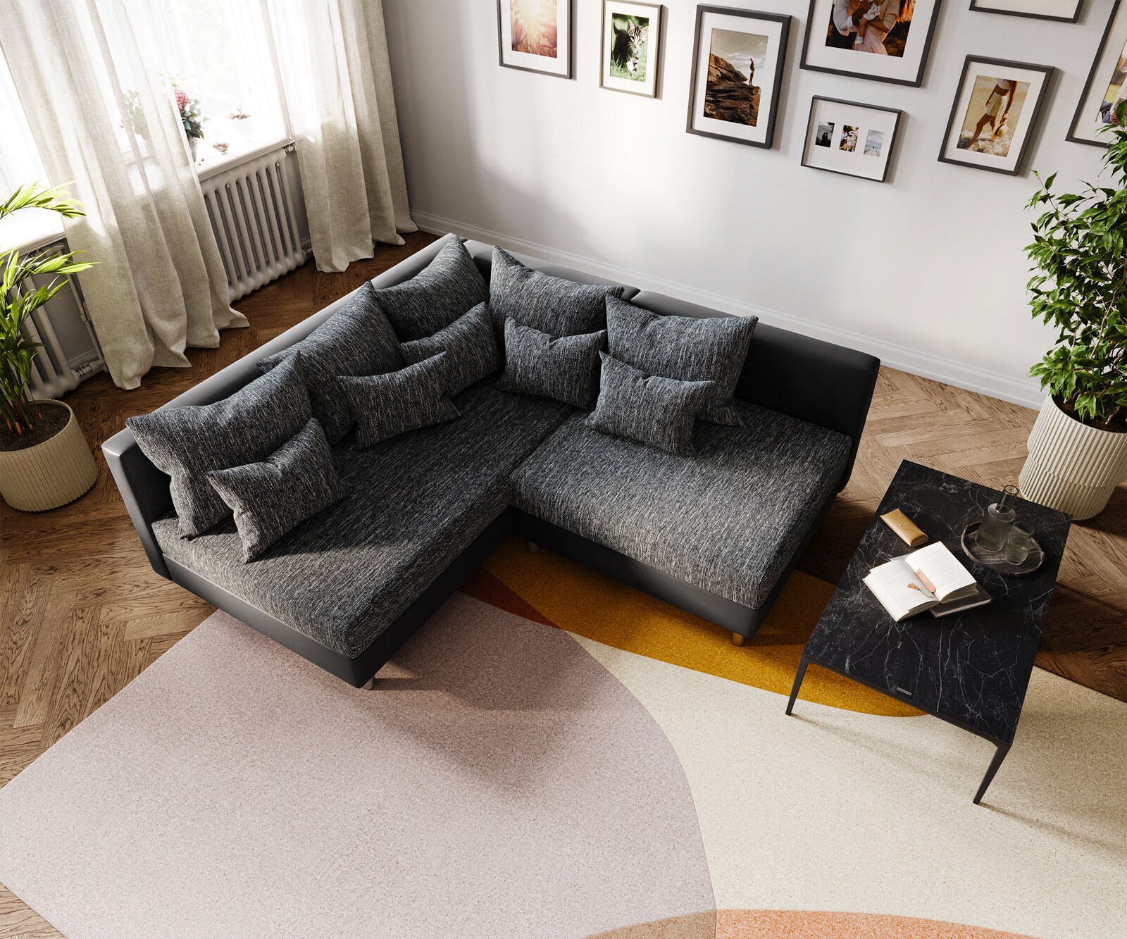 Canapé d'angle Clovis noir ottoman gauche modulable et extensible 3