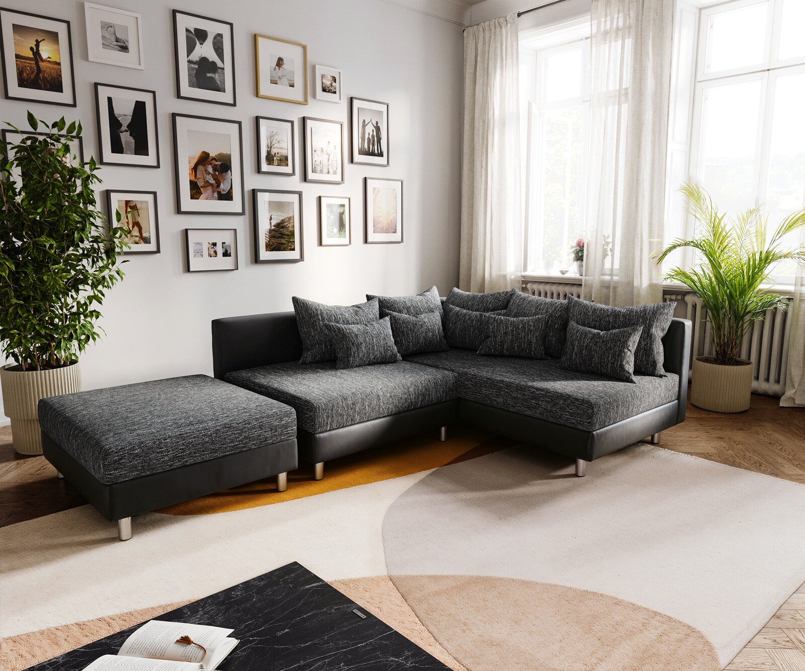 Canapé-d'angle Clovis noir avec tabouret ottoman droite modulaire