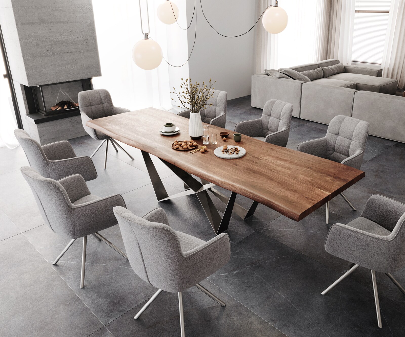 Table à manger Edge 300x100 XL acacia marron Spider acier plat acier inoxydable Live-Edge 6