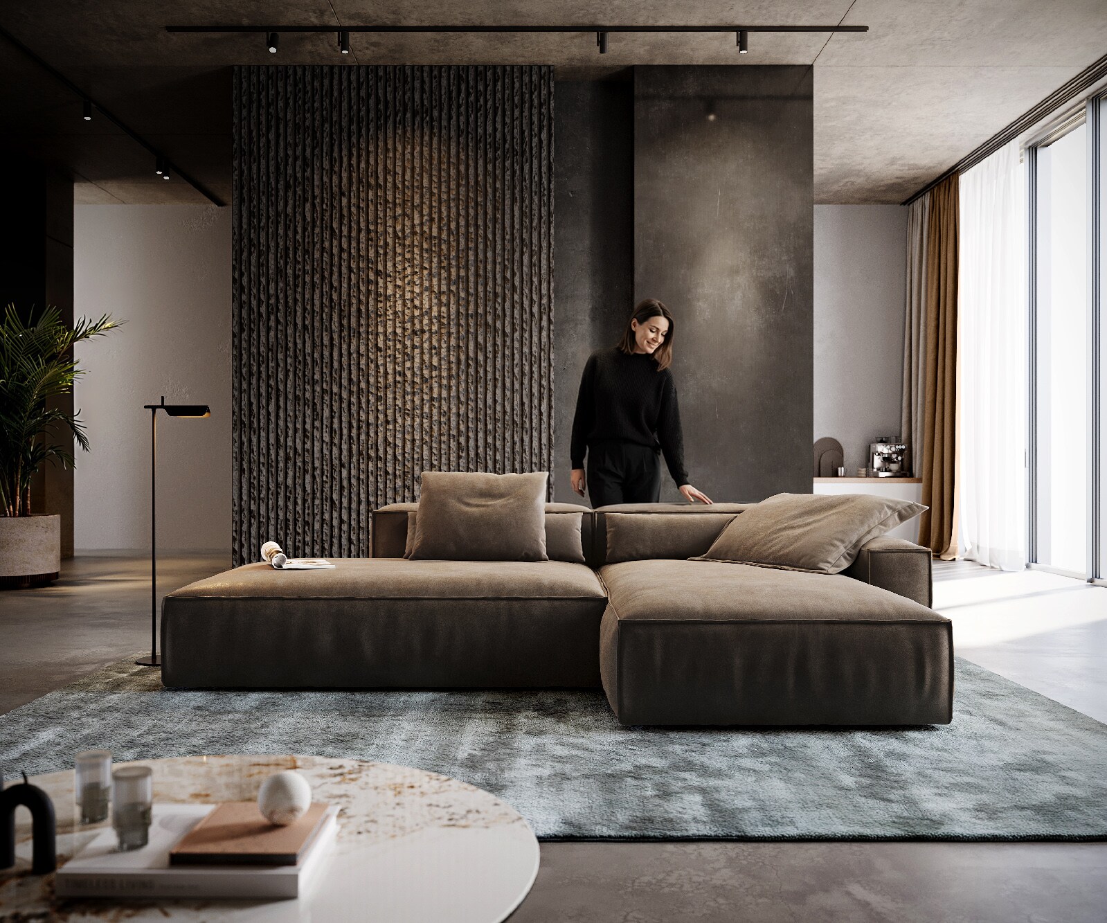 Canapé d'angle Freestyle 310x200 cm Tissu microfibre Taupe Vintage couture passepoilée 1